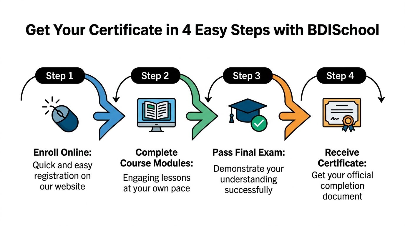 A diagram illustrating the four simple steps to earn a certification with BDISchool, from enrollment to completion.