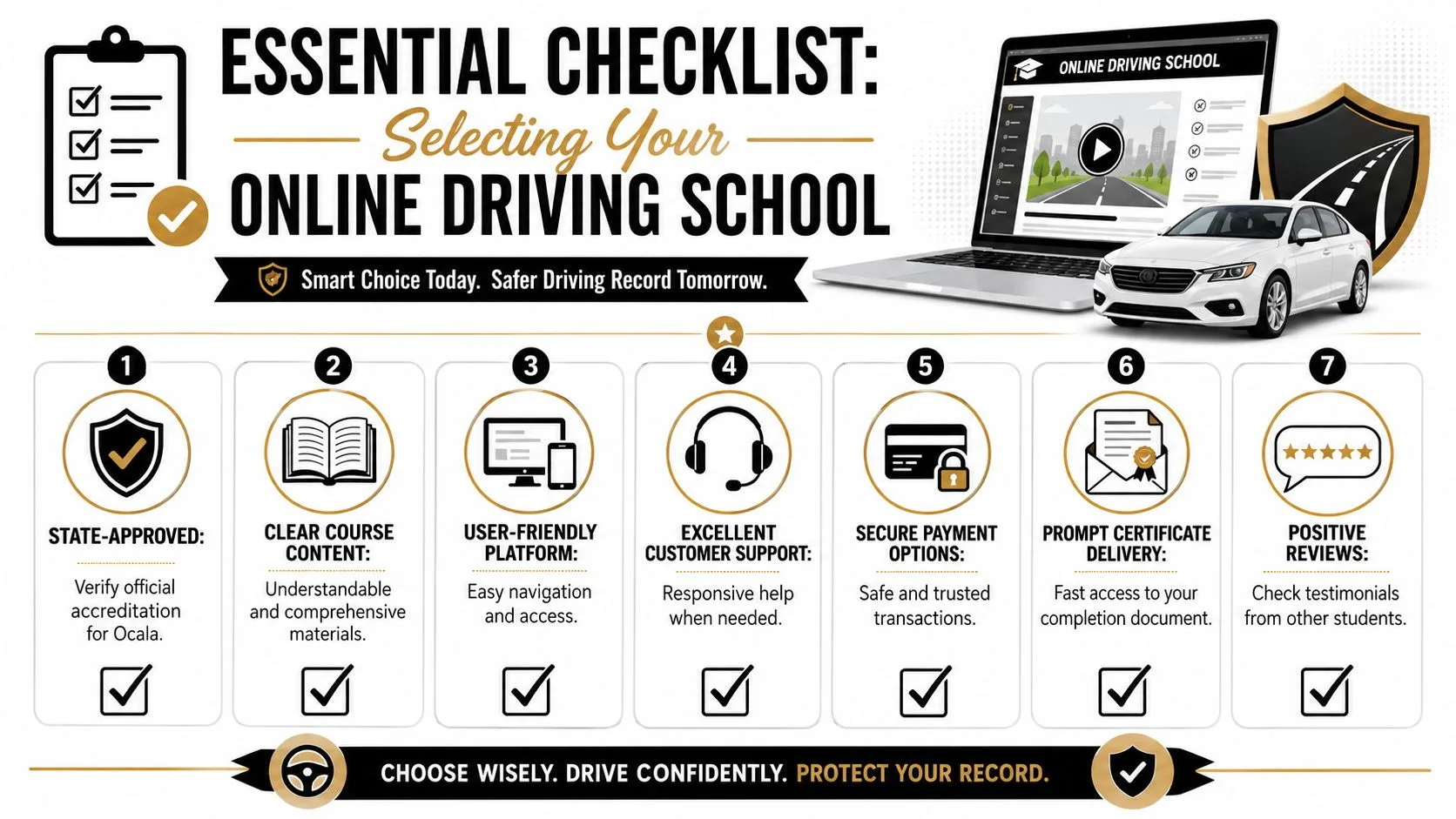 An infographic checklist for selecting a reputable online driving school in Ocala, Florida.
