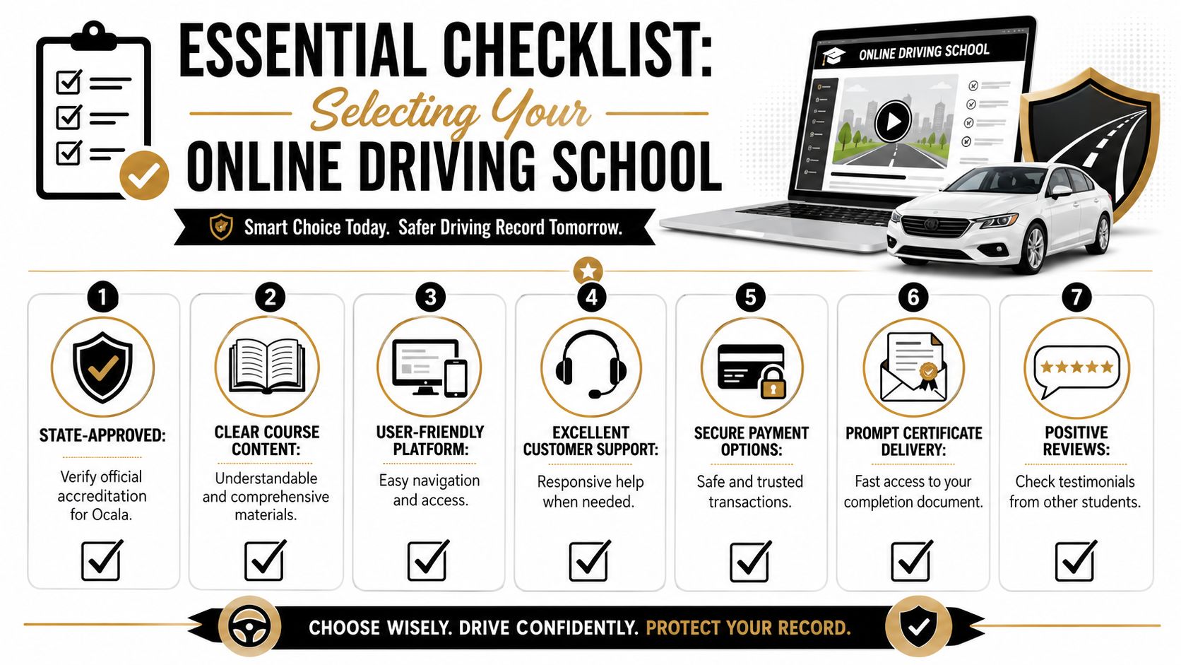 An infographic checklist for selecting a reputable online driving school in Ocala, Florida.