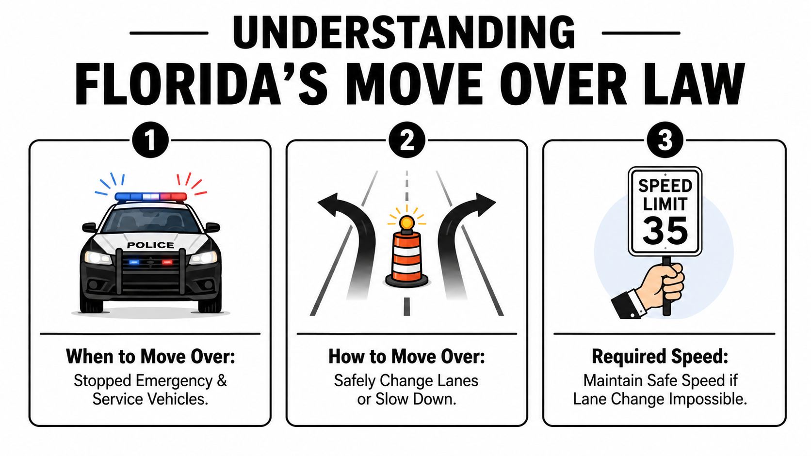 An infographic explaining Florida's Move Over Law with steps for dealing with stopped emergency and service vehicles.