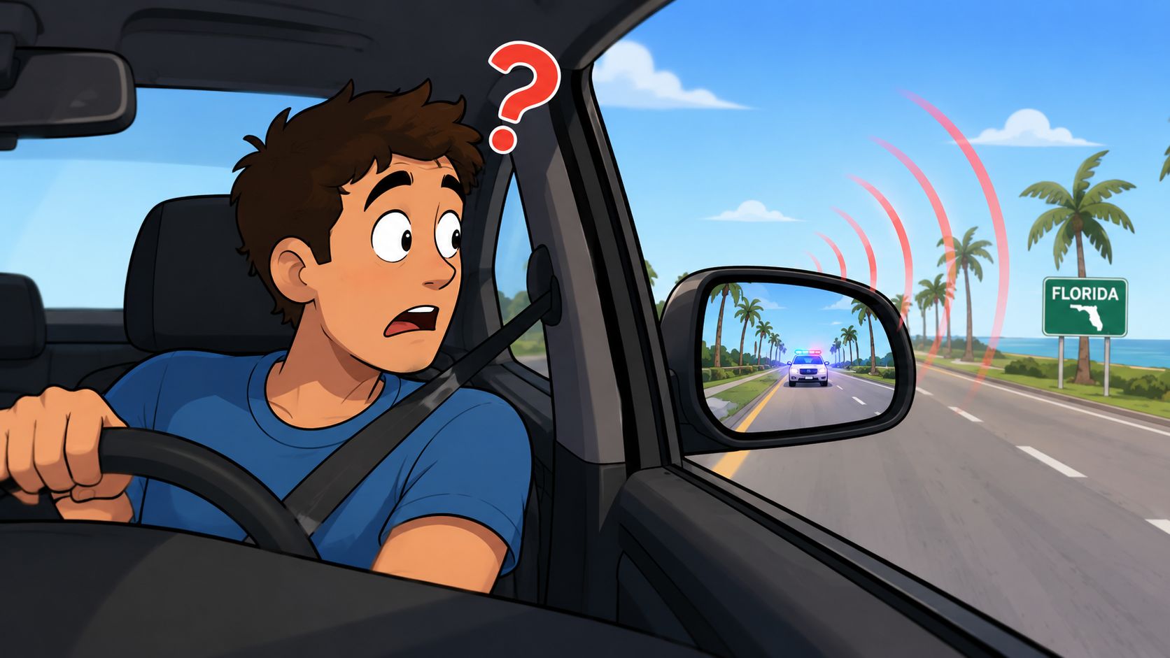 A surprised driver looking in the side mirror at a police car chasing them on a highway.