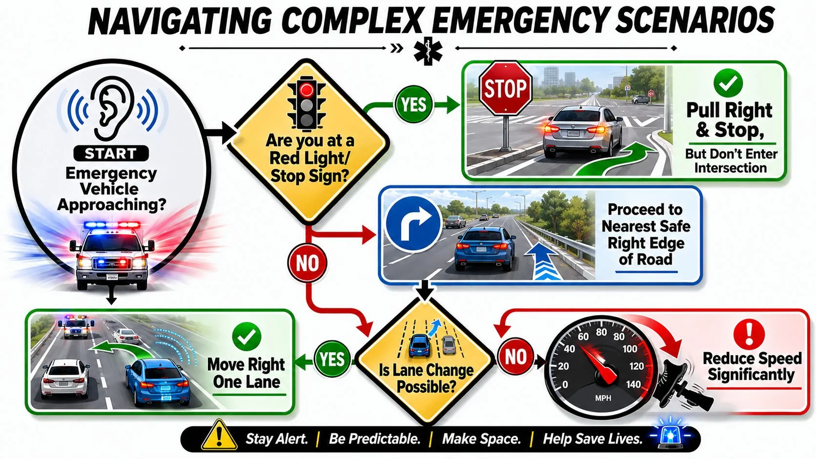 An instructional flowchart guiding drivers on how to safely react when an emergency vehicle is approaching.