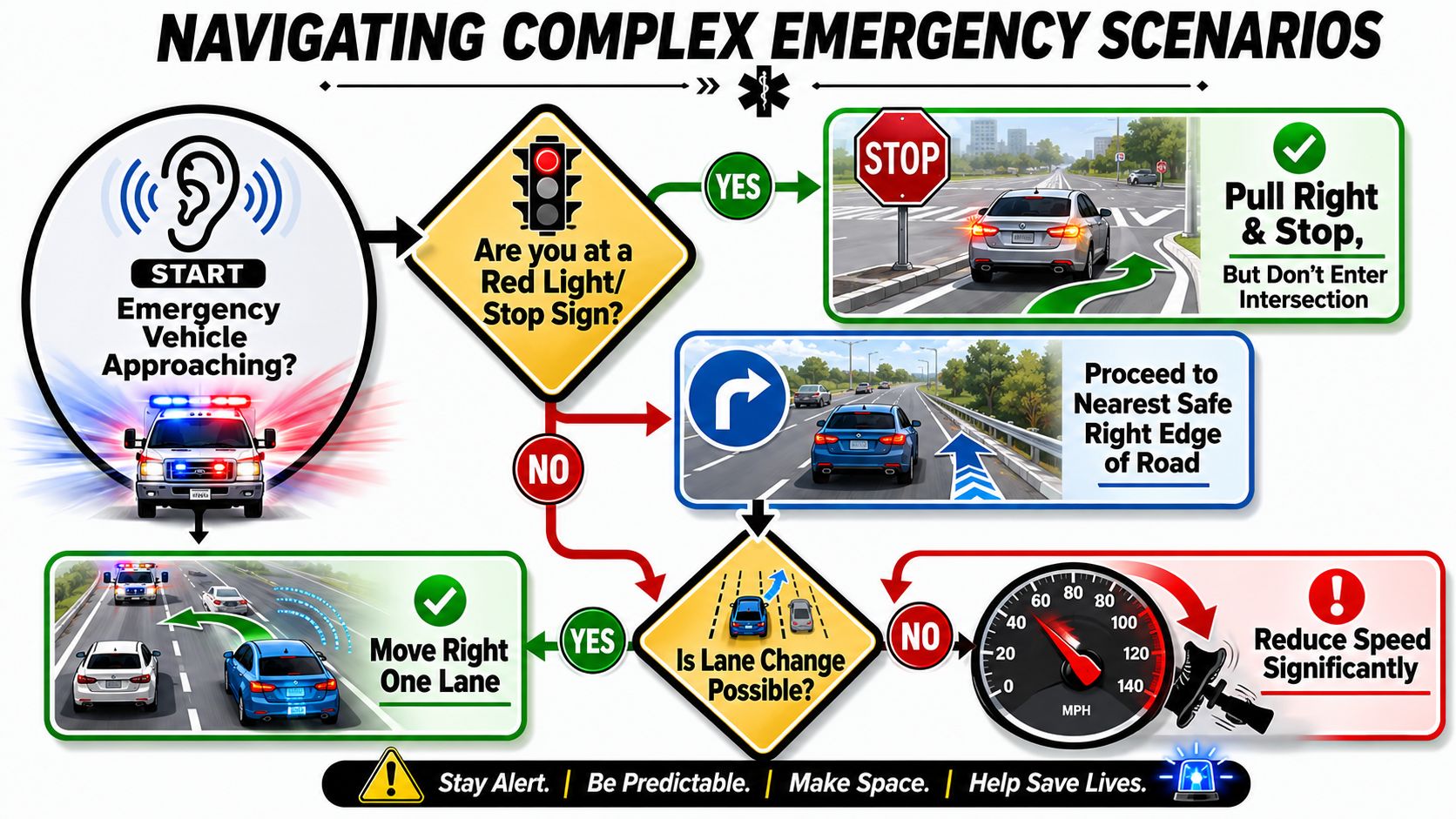 An instructional flowchart guiding drivers on how to safely react when an emergency vehicle is approaching.