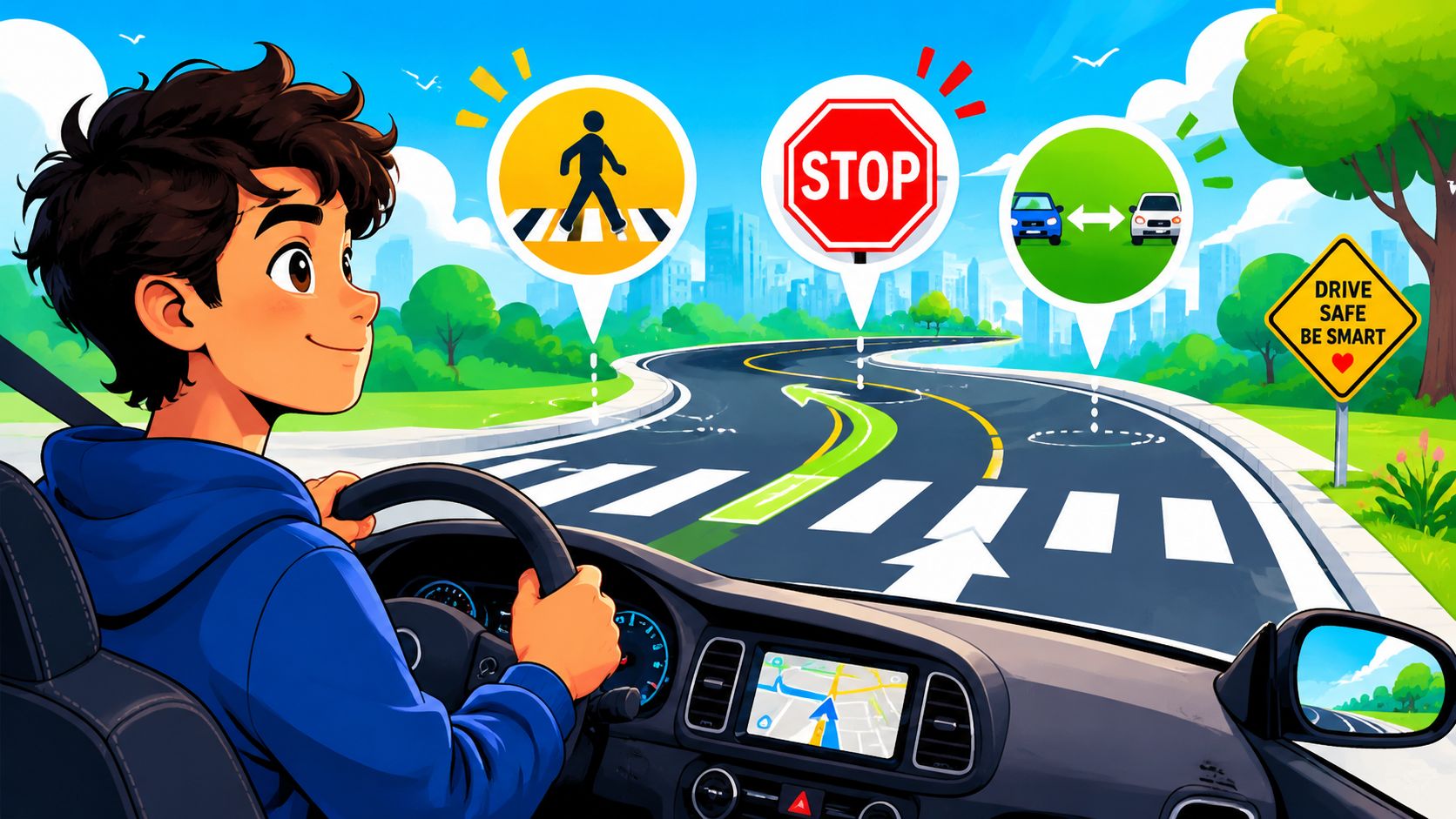 A young person behind the wheel of a car learning driving safety rules and road signs.