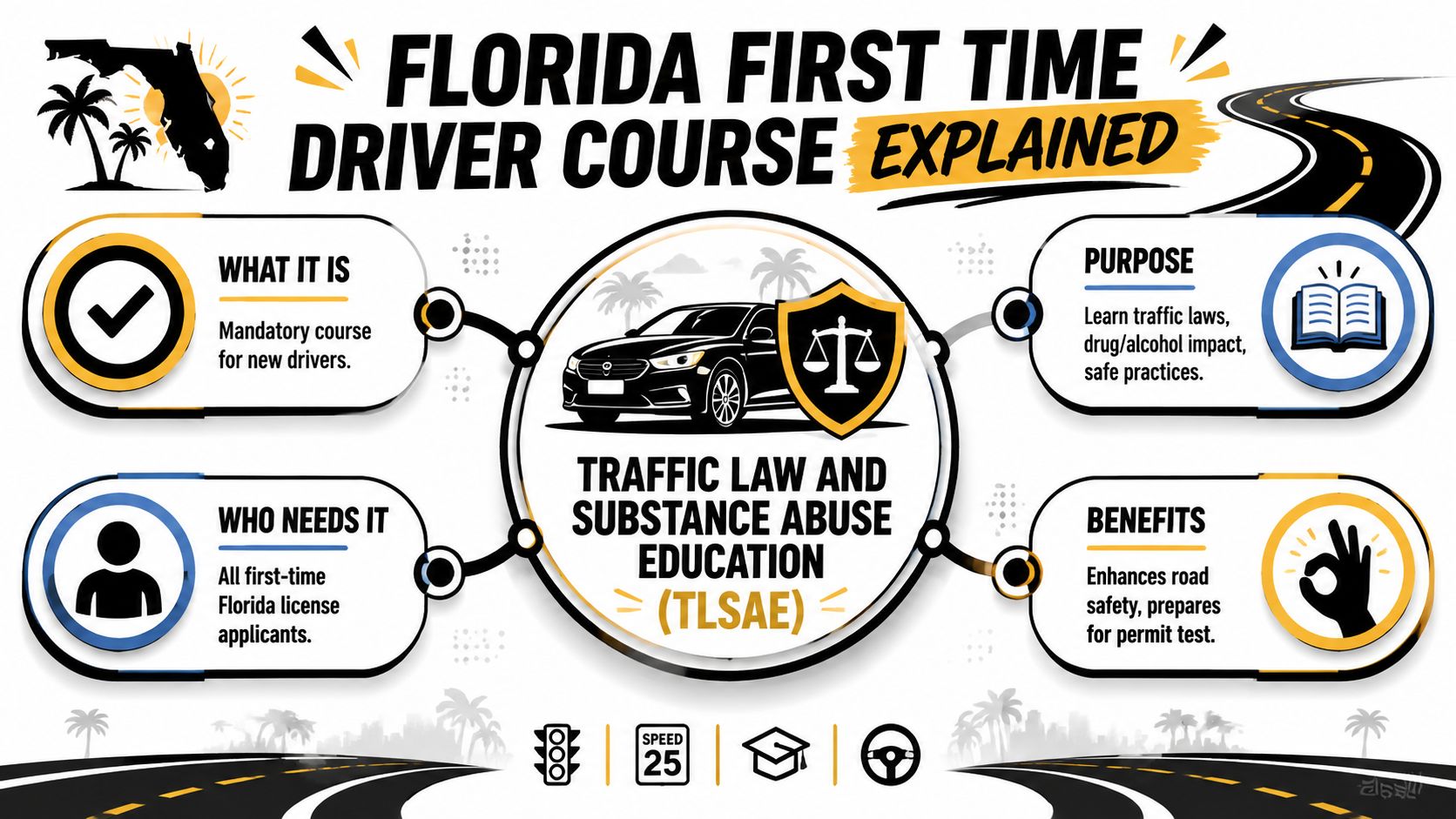 An infographic titled Florida First Time Driver Course explaining the mandatory TLSAE traffic law and substance abuse education.