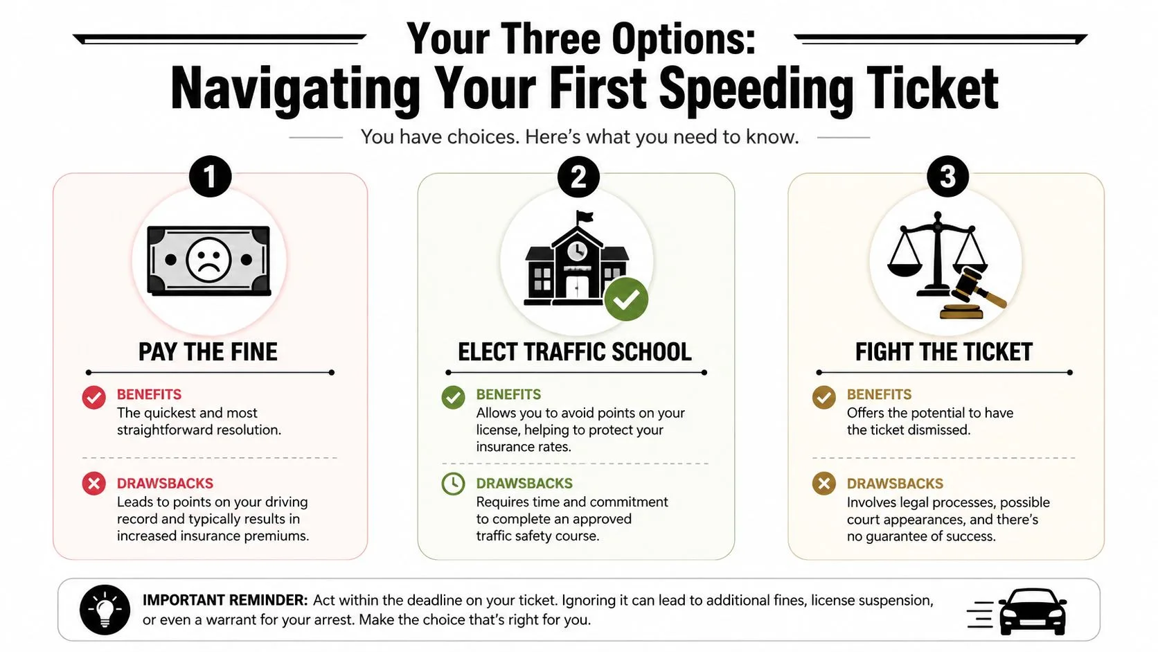 An infographic titled Your Three Options: Navigating Your First Speeding Ticket explaining paying the fine, traffic school, and fighting the ticket.