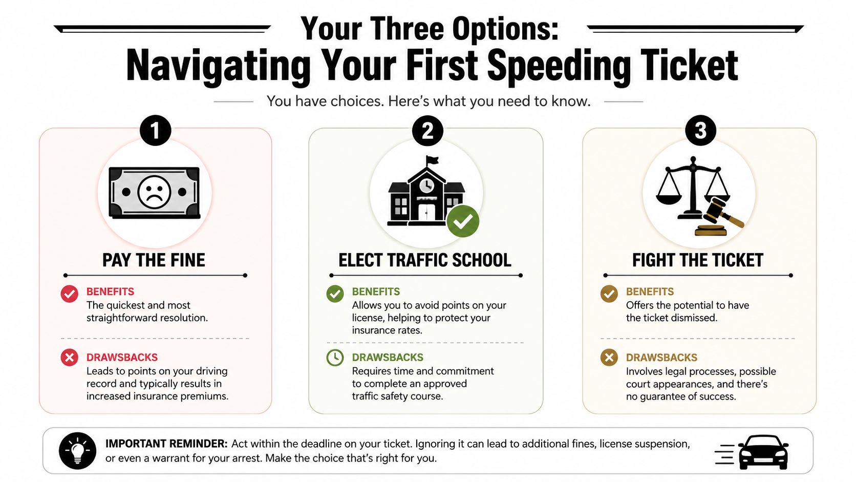 An infographic titled Your Three Options: Navigating Your First Speeding Ticket explaining paying the fine, traffic school, and fighting the ticket.
