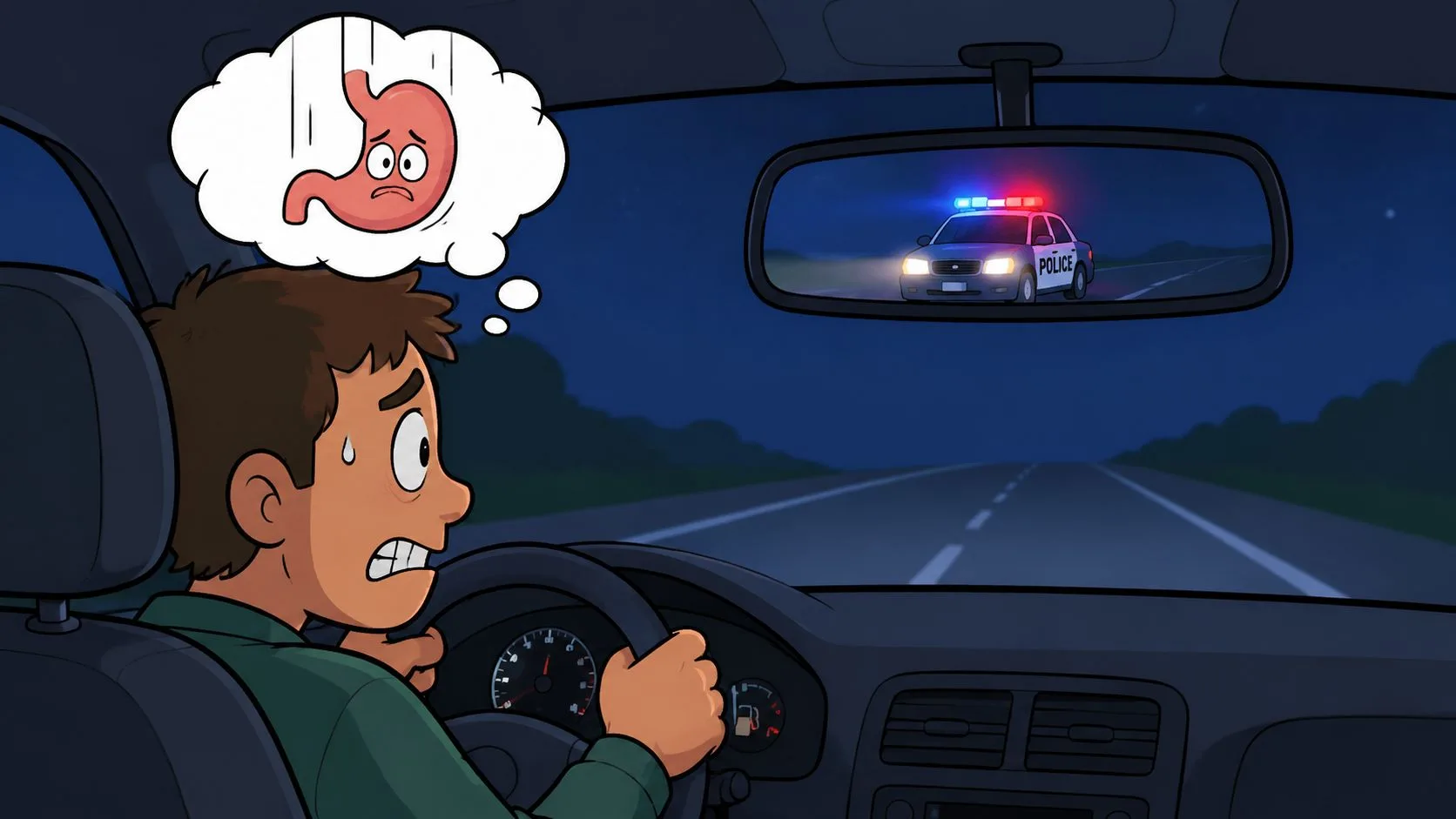 A nervous driver watches a police car in his rearview mirror while experiencing a sinking stomach feeling.