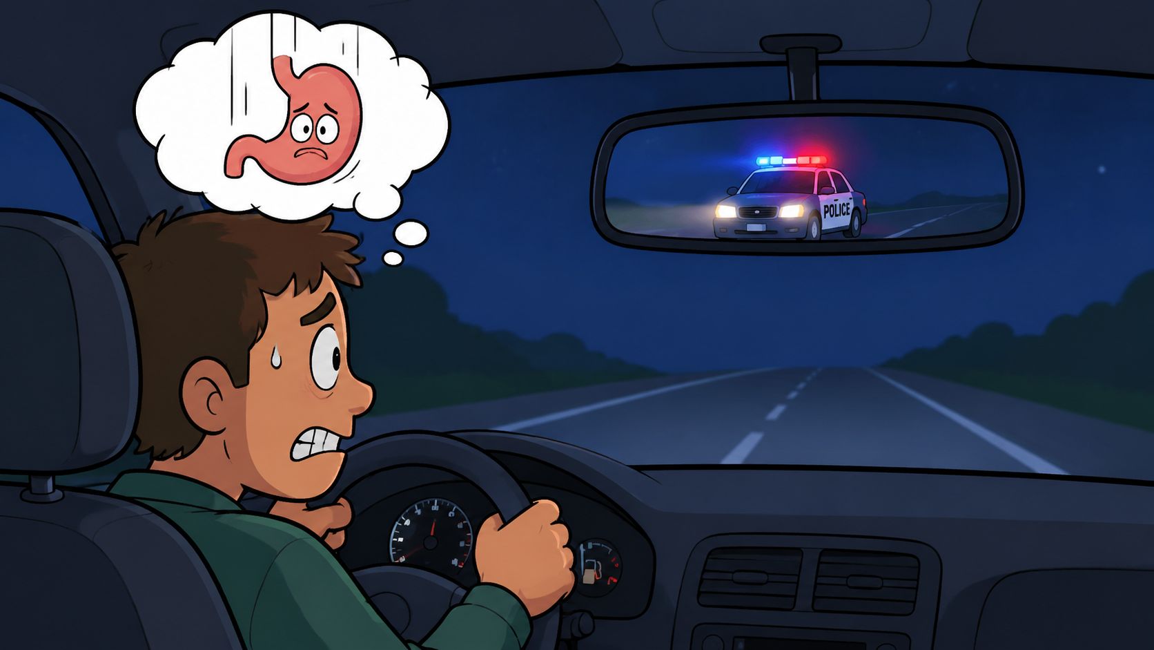A nervous driver watches a police car in his rearview mirror while experiencing a sinking stomach feeling.