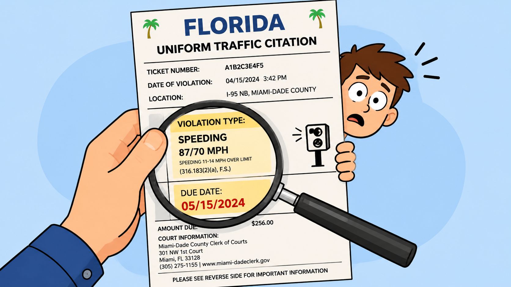 A hand holds a magnifying glass over a Florida uniform traffic citation being received by a nervous driver.