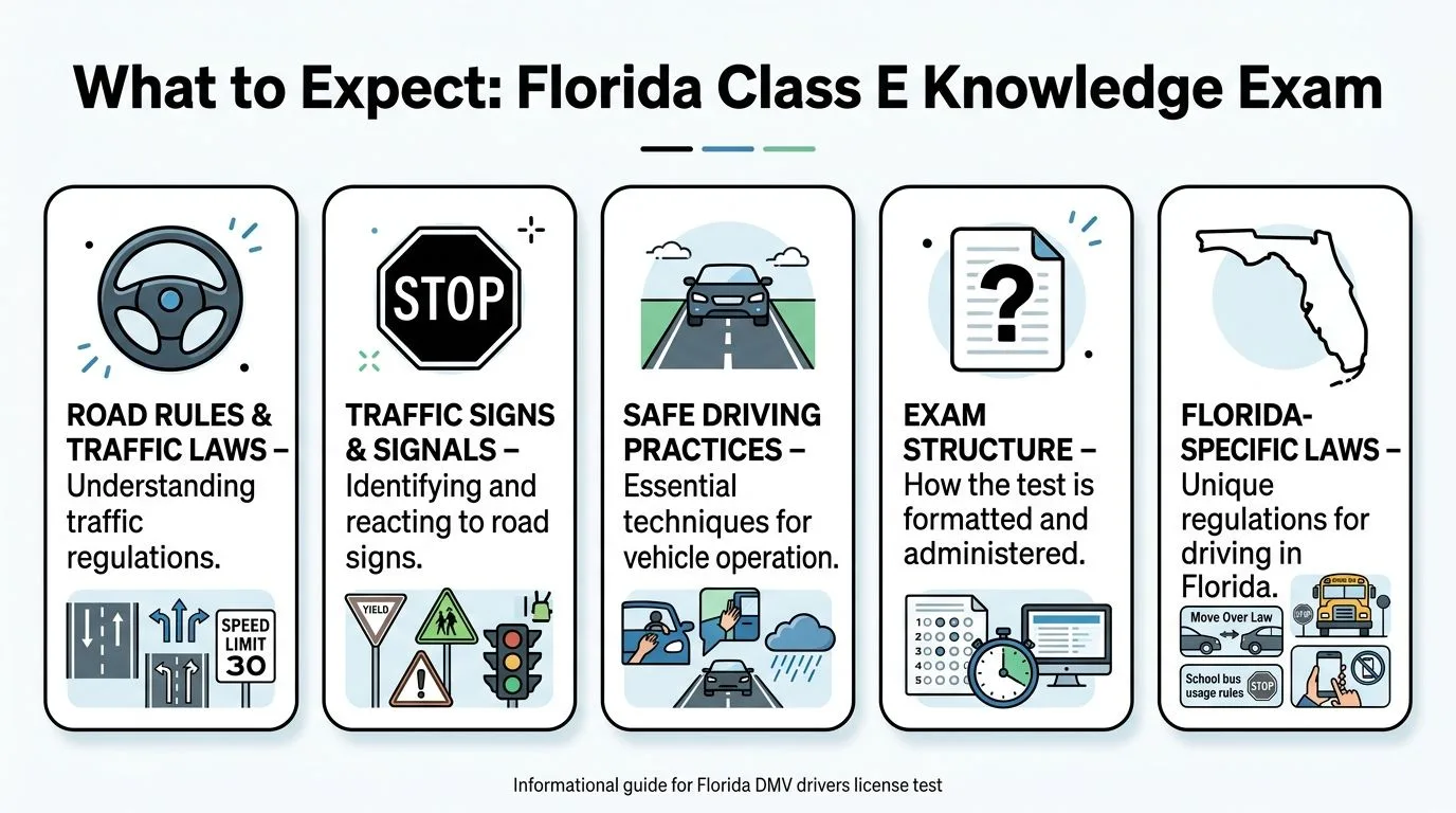 An infographic outlining the five key topics covered in the Florida Class E Knowledge drivers exam.