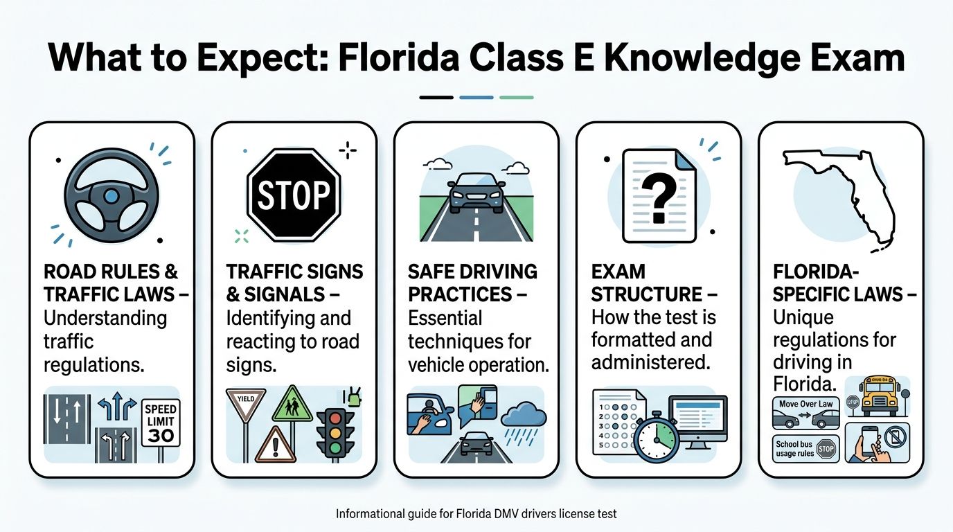 An infographic outlining the five key topics covered in the Florida Class E Knowledge drivers exam.