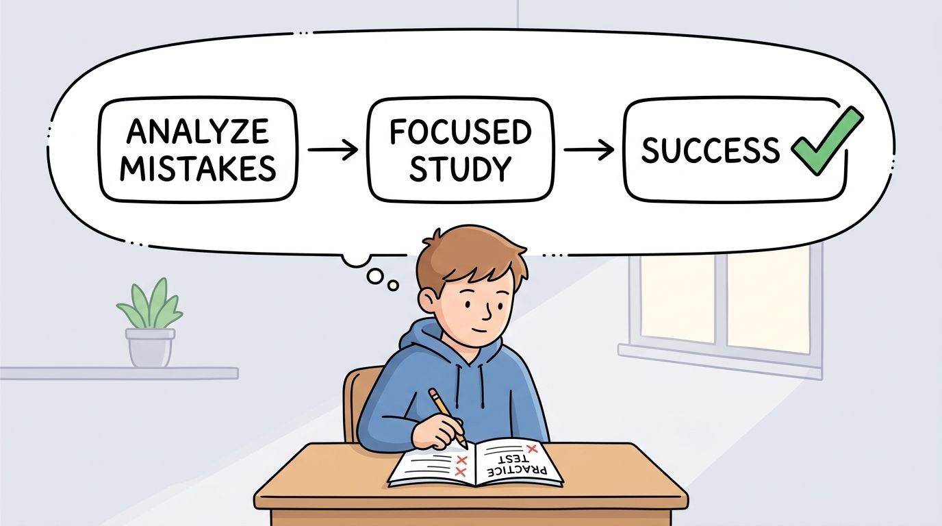 A student thinking about the process of analyzing mistakes and focused study leading to success.