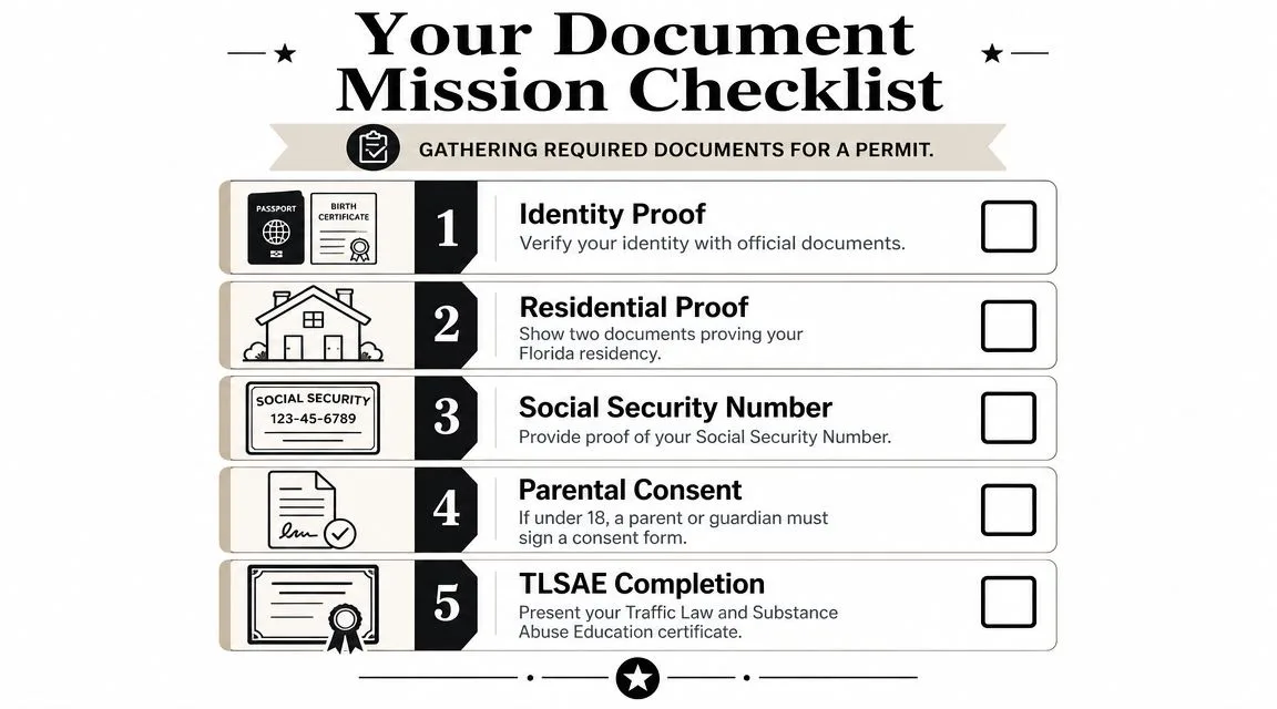 A checklist showing five required documents needed to obtain a driver permit, including identity and residency proofs.