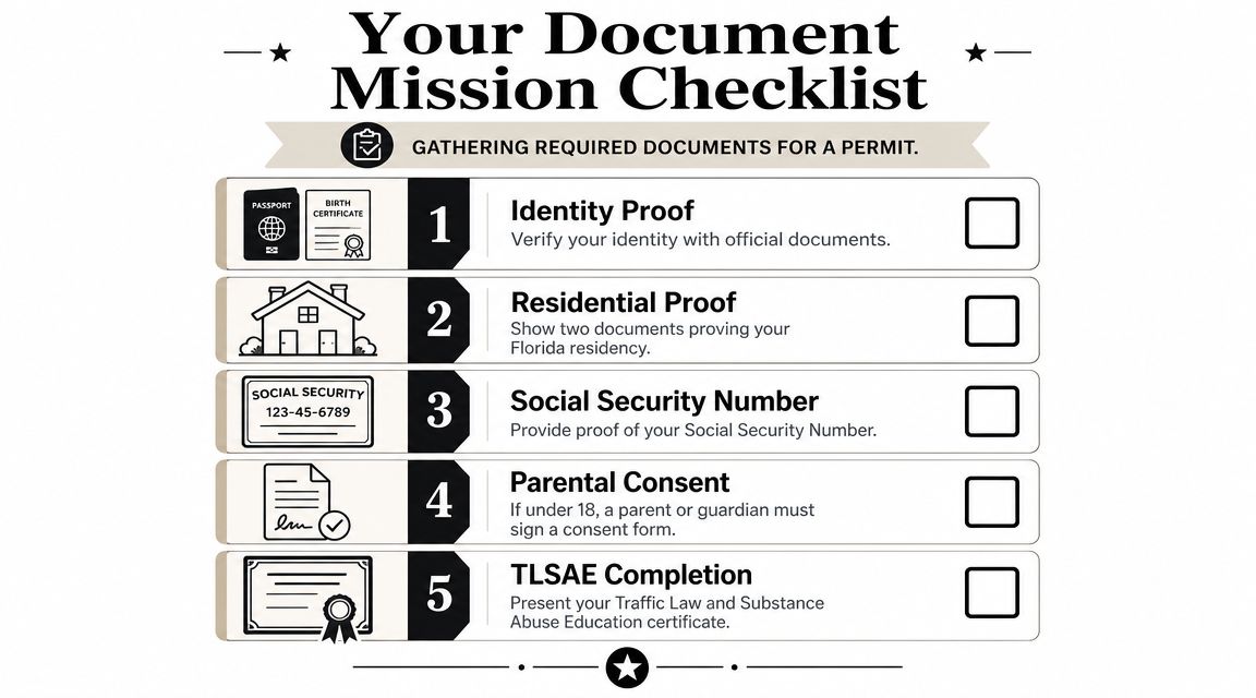 A checklist showing five required documents needed to obtain a driver permit, including identity and residency proofs.