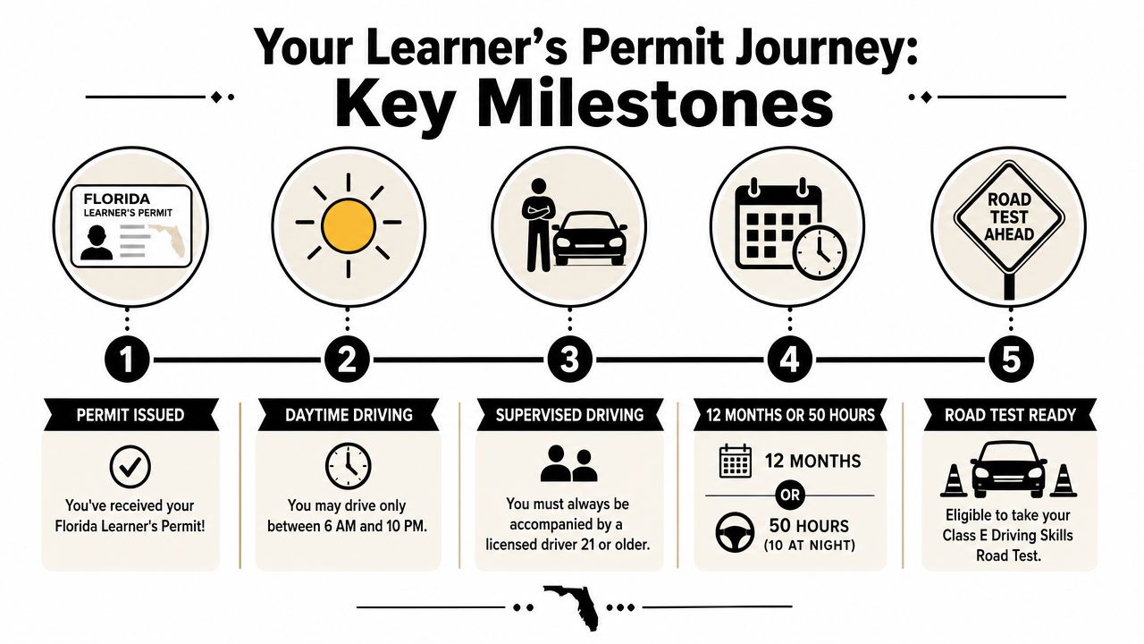 A diagram outlining the five key steps and requirements for obtaining a Florida learner's driving permit.