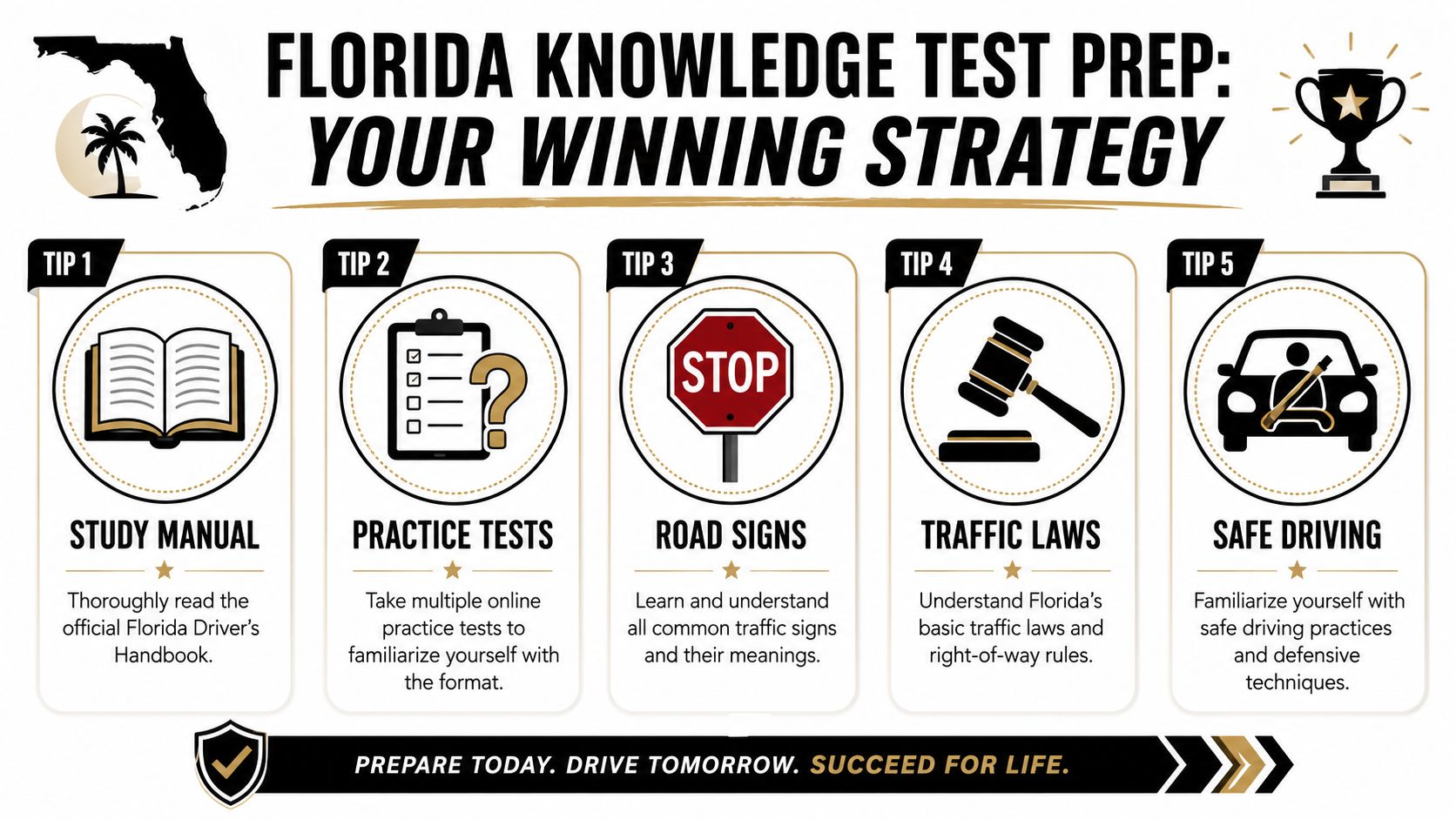 An infographic detailing five effective tips to prepare for and pass the Florida driving knowledge test.