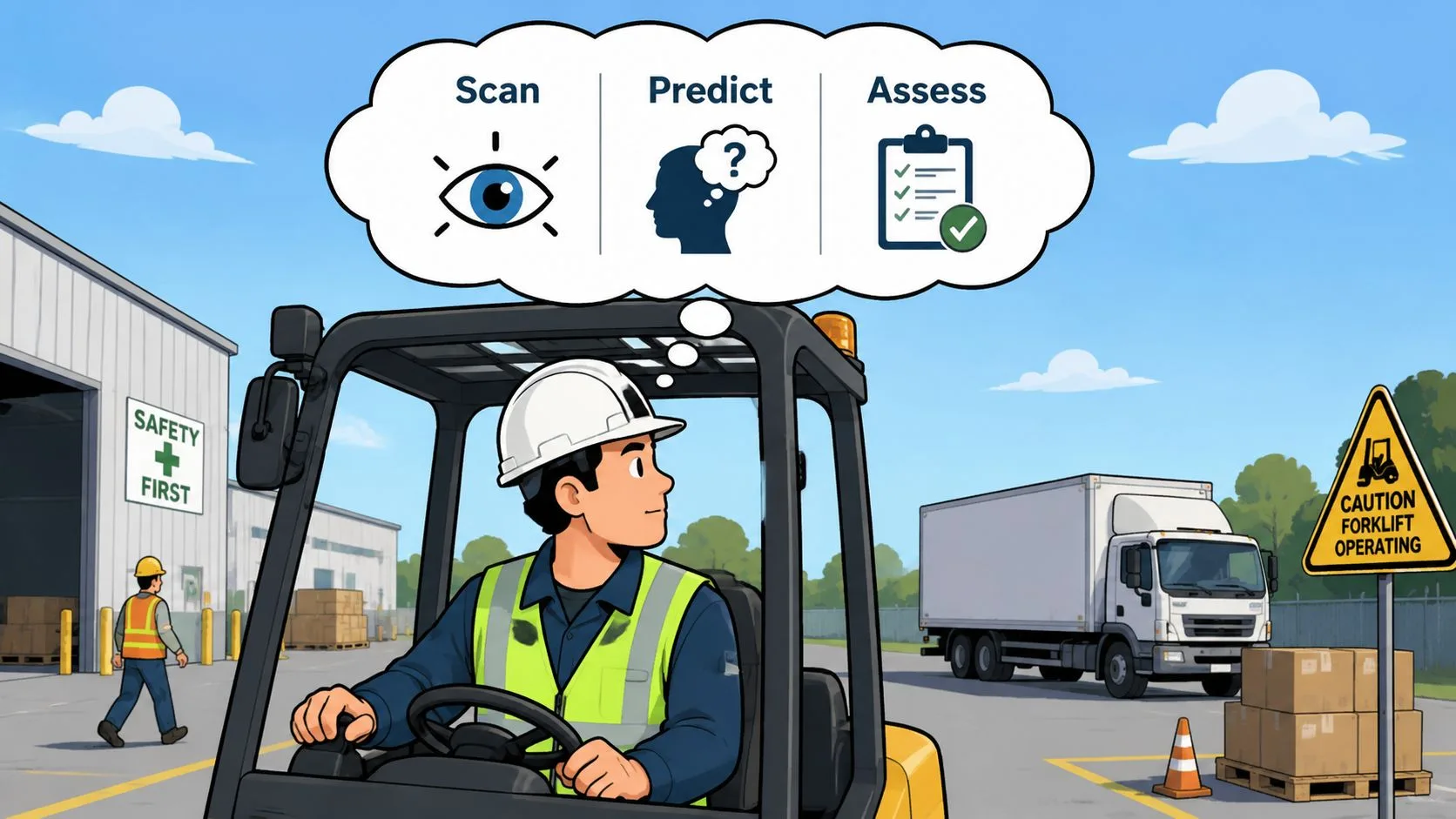 A forklift driver visualizing the safety process of scan, predict, and assess in a warehouse environment.