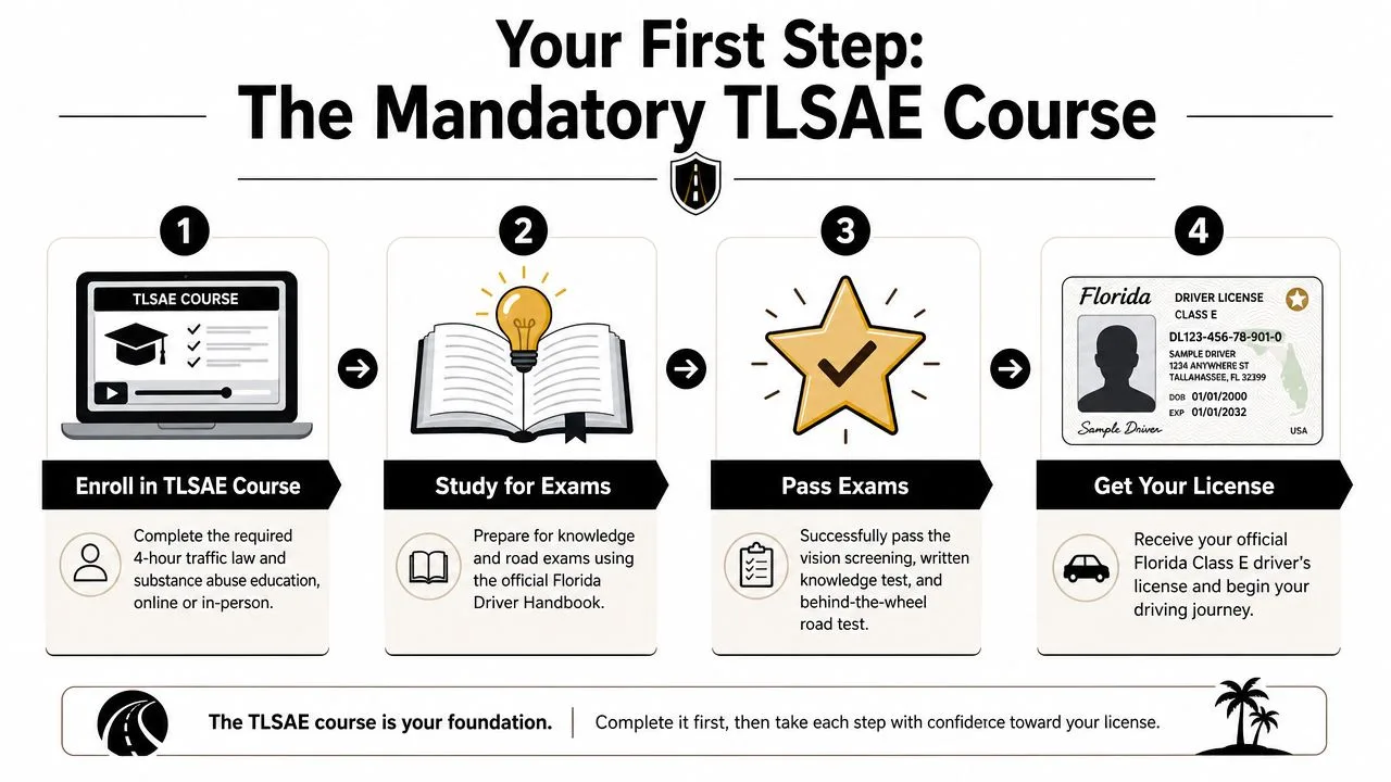 An infographic detailing the four steps to obtain a Florida driver license including TLSAE, exams, and licensing.