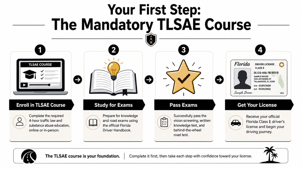 An infographic detailing the four steps to obtain a Florida driver license including TLSAE, exams, and licensing.