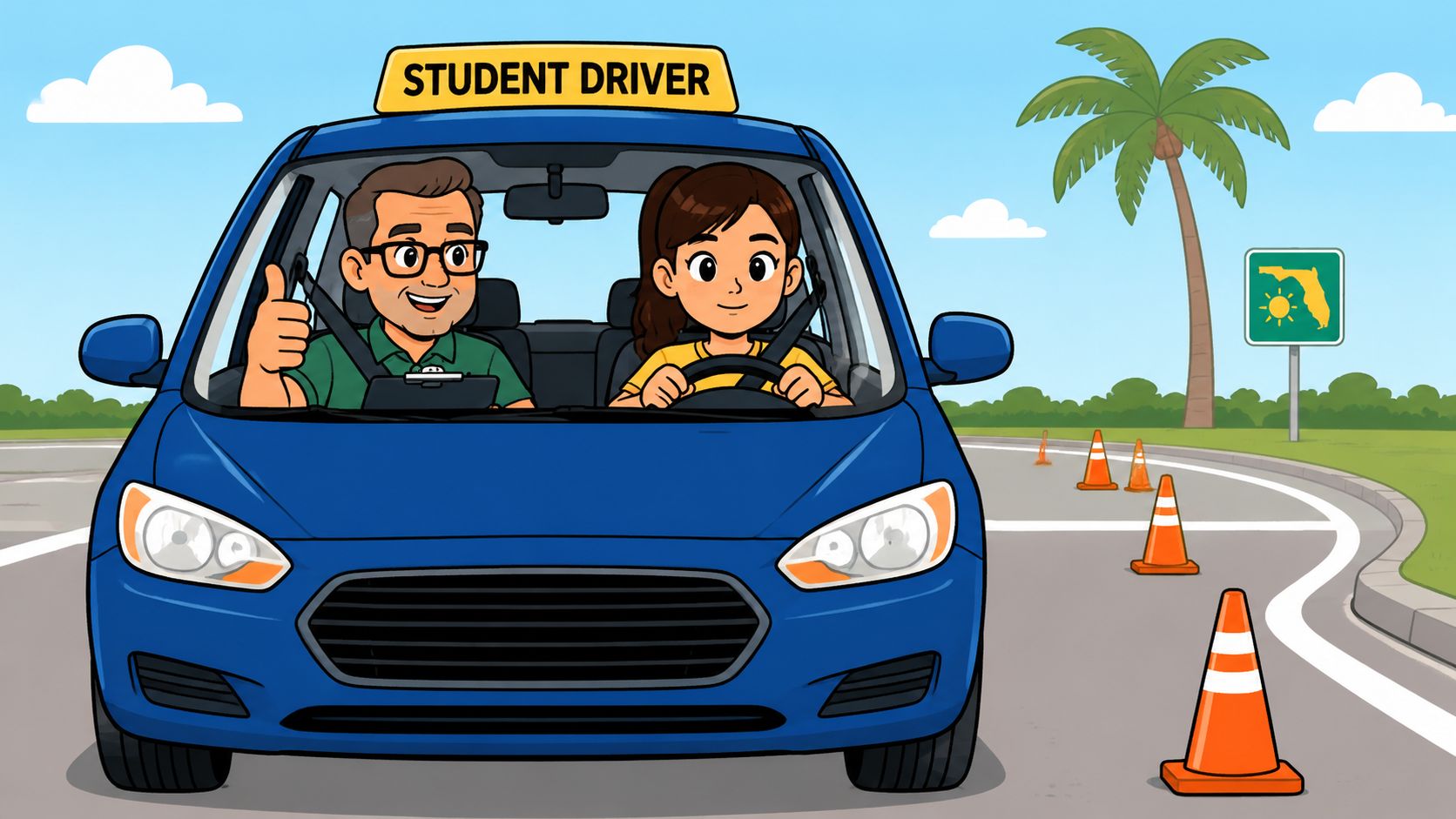 A driving instructor sits with a student driver in a blue car during a Florida driving test.