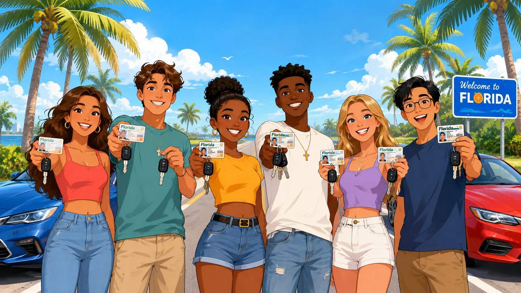 A diverse group of happy young adults standing together holding their Florida drivers licenses and car keys.
