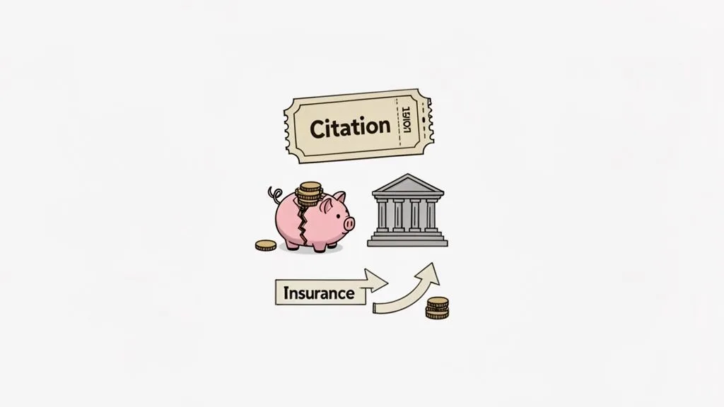 An illustration showing a citation ticket, a broken piggy bank, a courthouse, and rising insurance costs.