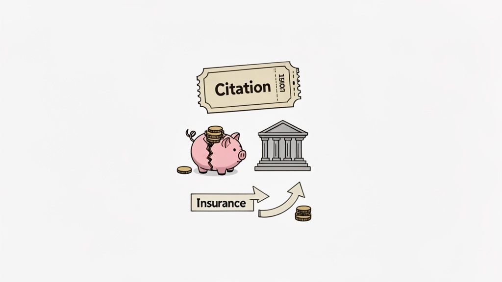 An illustration showing a citation ticket, a broken piggy bank, a courthouse, and rising insurance costs.