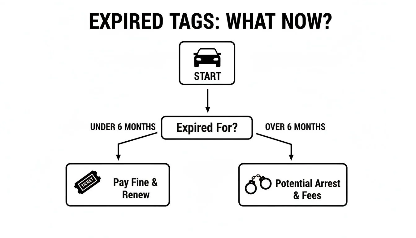 Flowchart detailing actions for expired car tags, distinguishing between under and over six months.