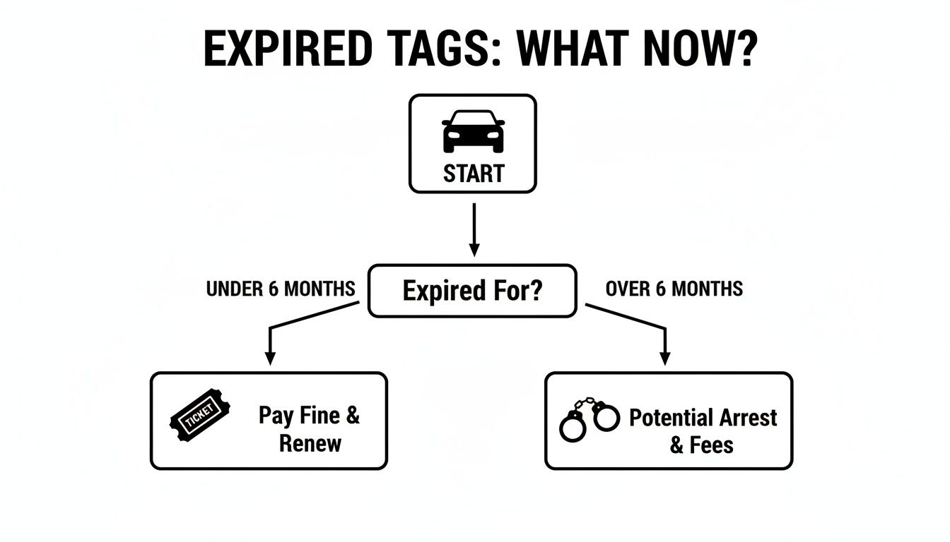 Flowchart detailing actions for expired car tags, distinguishing between under and over six months.