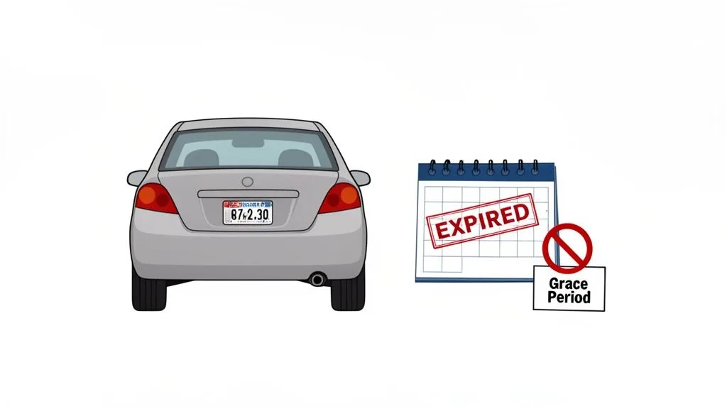 An illustration shows a gray car with an expired license plate and a calendar with an 'EXPIRED' stamp, indicating no grace period.
