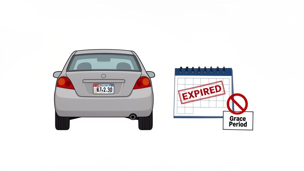 An illustration shows a gray car with an expired license plate and a calendar with an 'EXPIRED' stamp, indicating no grace period.