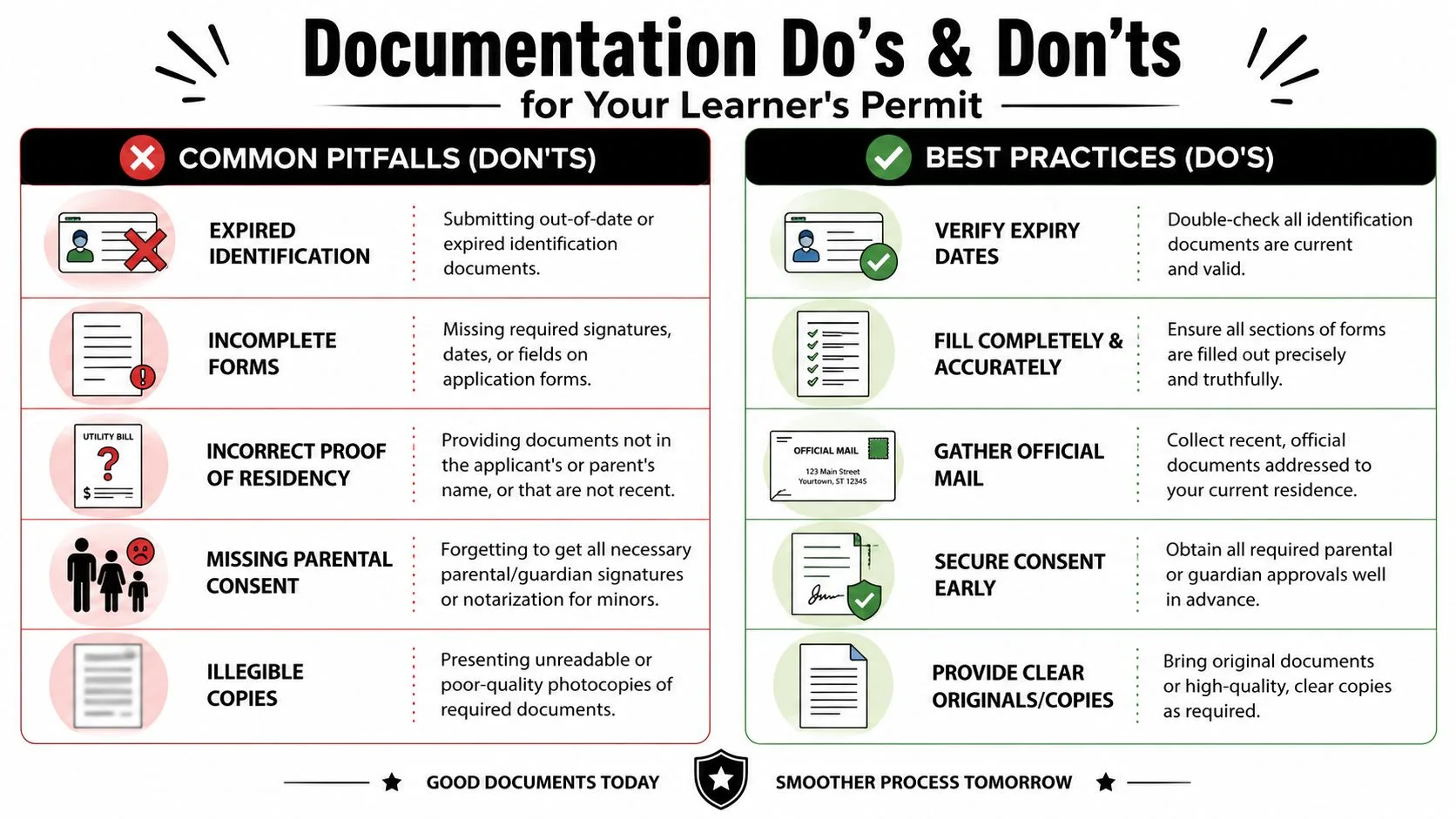 An infographic showing common mistakes and best practices for organizing learner's permit application documents and forms.