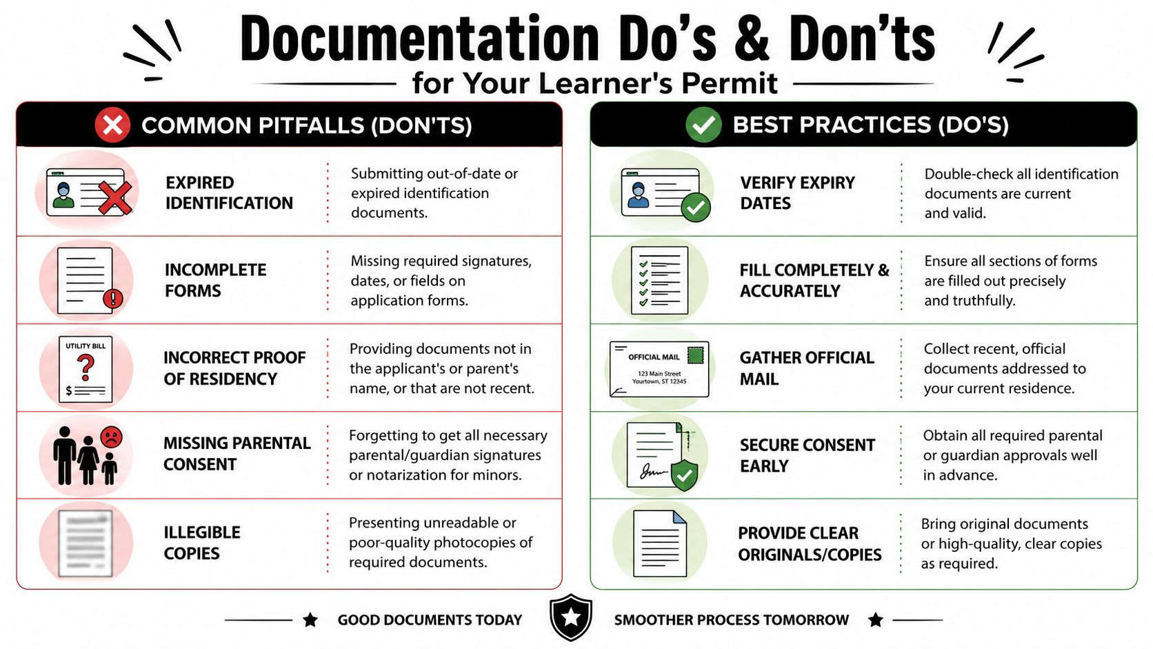 An infographic showing common mistakes and best practices for organizing learner's permit application documents and forms.