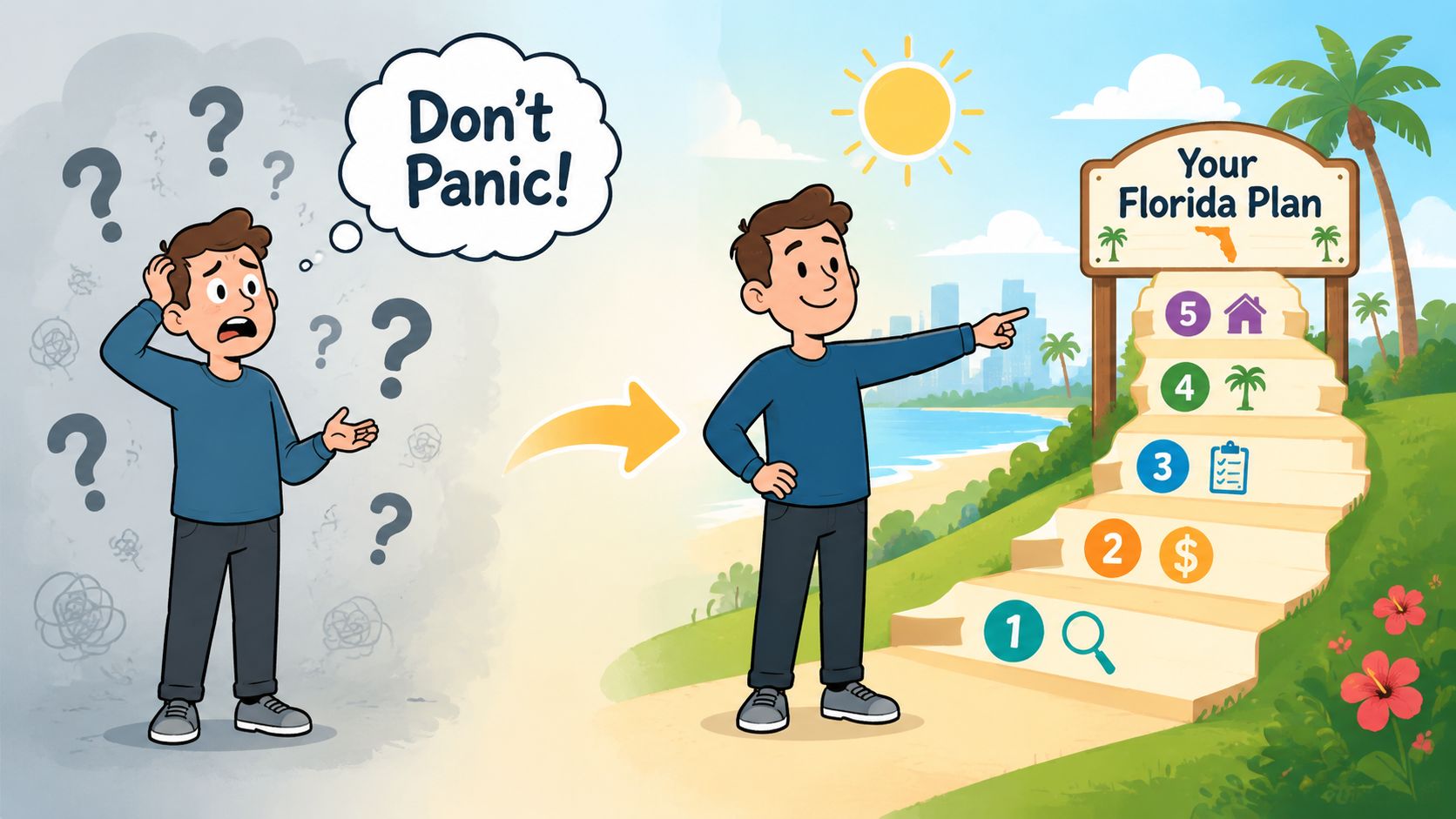 A cartoon illustration showing a man transitioning from confusion to confidence while following a Florida plan.