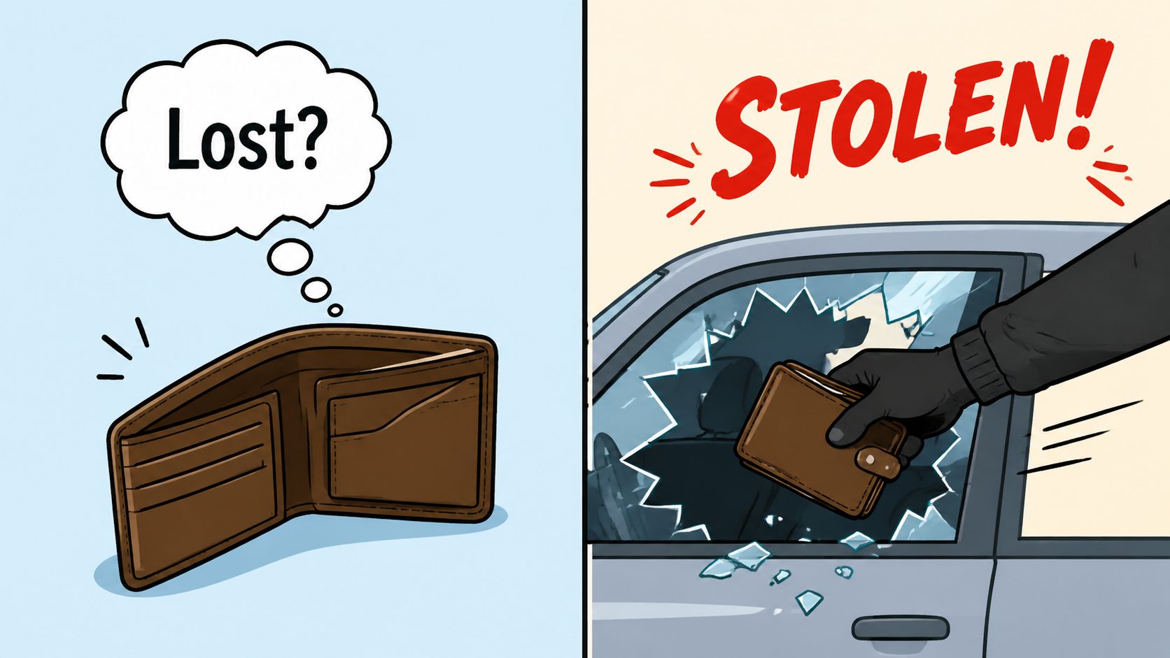 A split-screen illustration showing a lost brown wallet and a hand stealing a wallet through a broken car window.