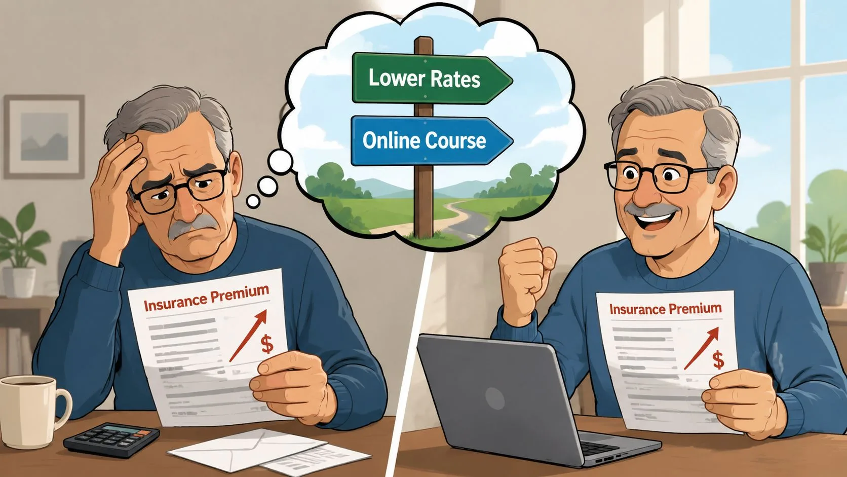 A man looking worried at his insurance bill, then feeling happy after finding an online driving course.
