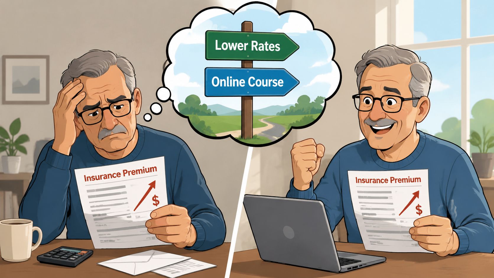 A man looking worried at his insurance bill, then feeling happy after finding an online driving course.