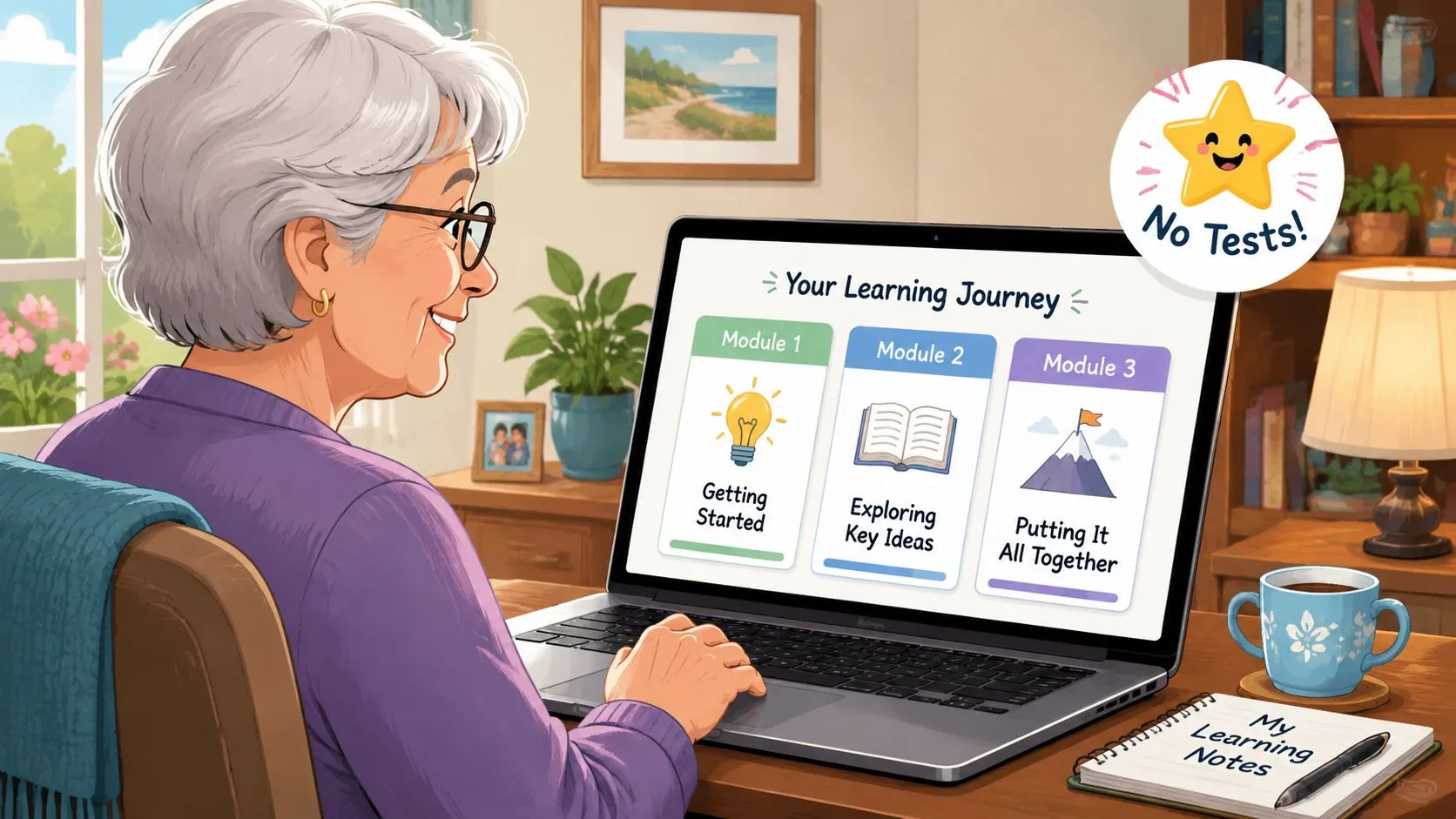 A woman with grey hair uses a laptop to engage in an online educational course at home.