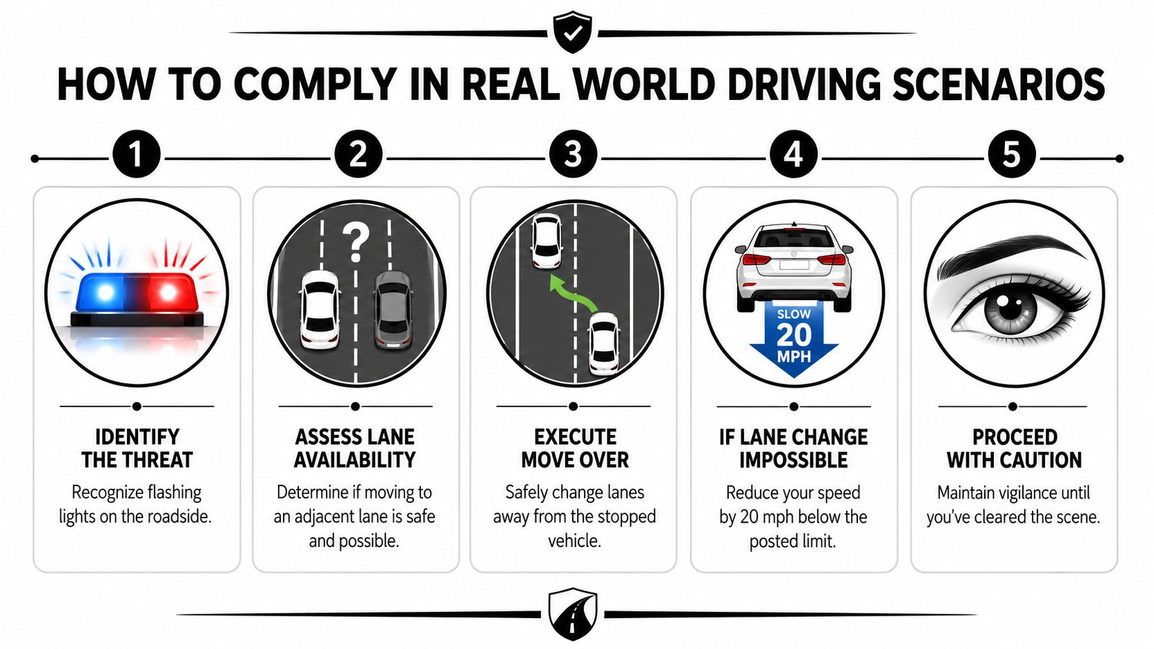 An infographic illustrating five steps for drivers to comply with Move Over laws and ensure road safety.