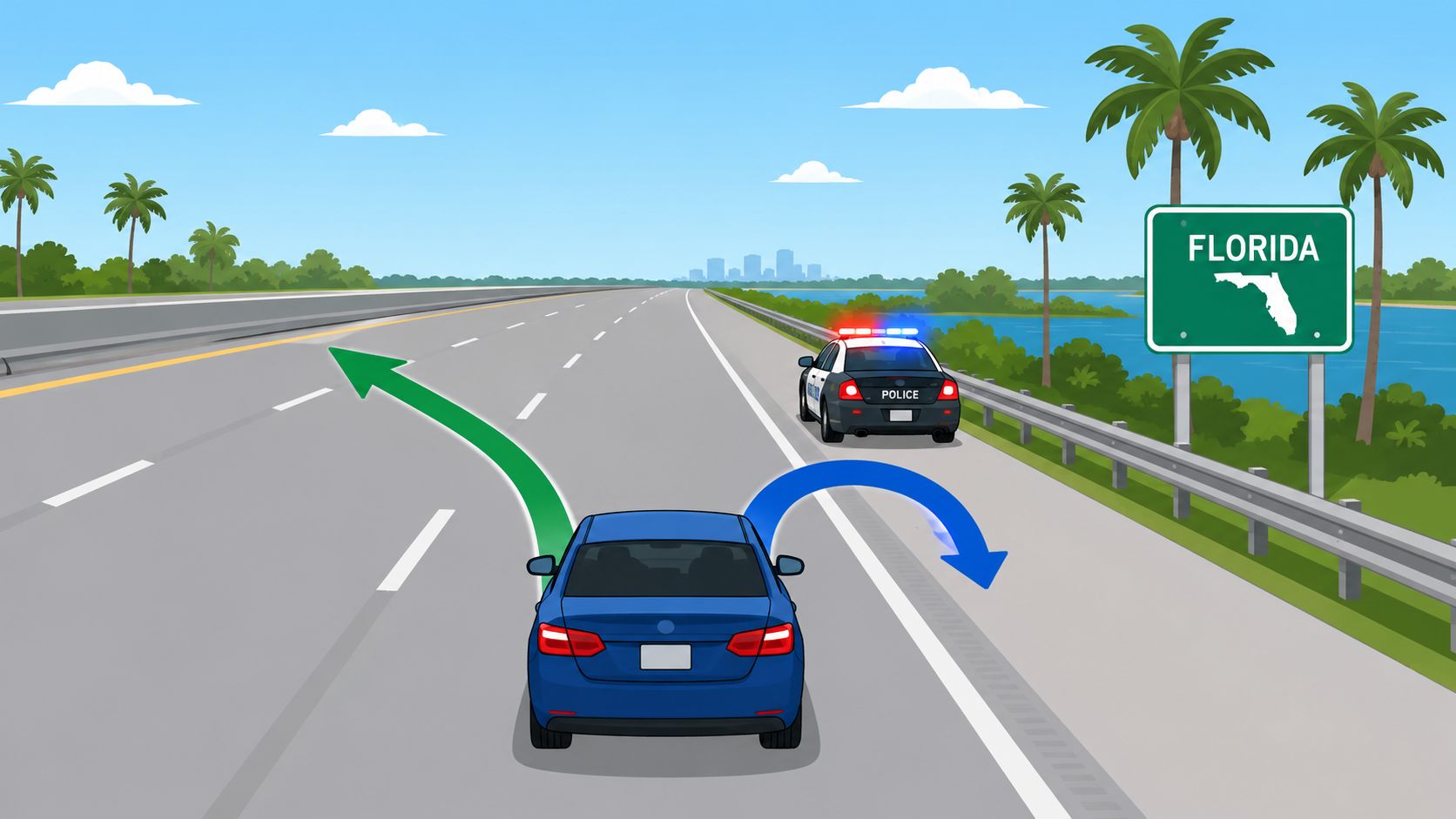 A blue car follows the move over law by shifting to the left lane away from a police car.