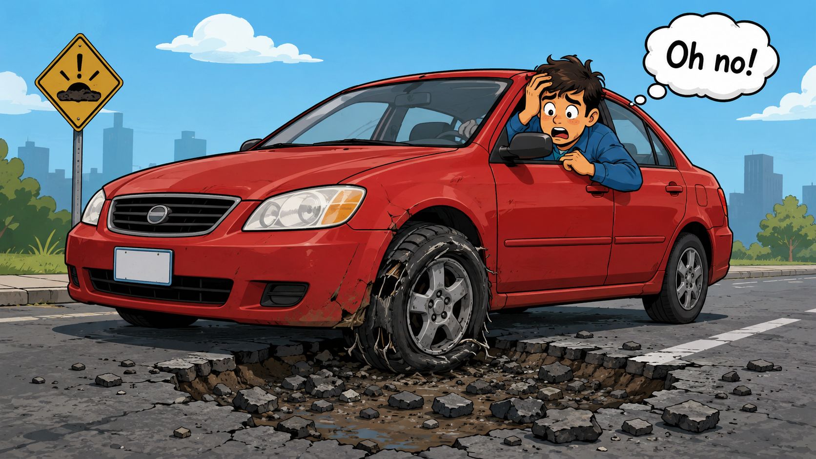 A distressed driver looking at his red car with a severely damaged, shredded tire from a deep pothole.