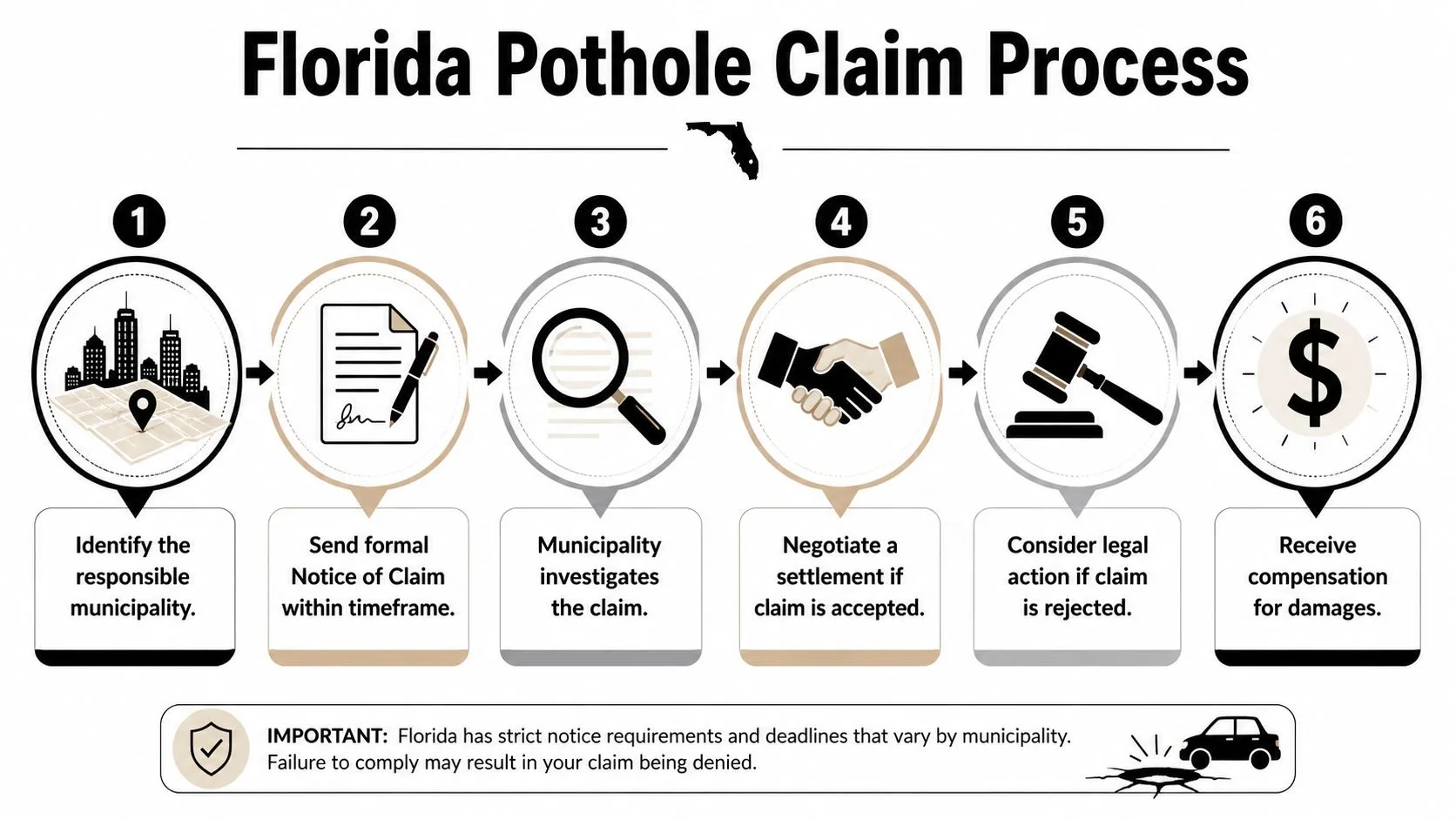 An infographic showing the six steps of the Florida pothole claim process for vehicle damage.