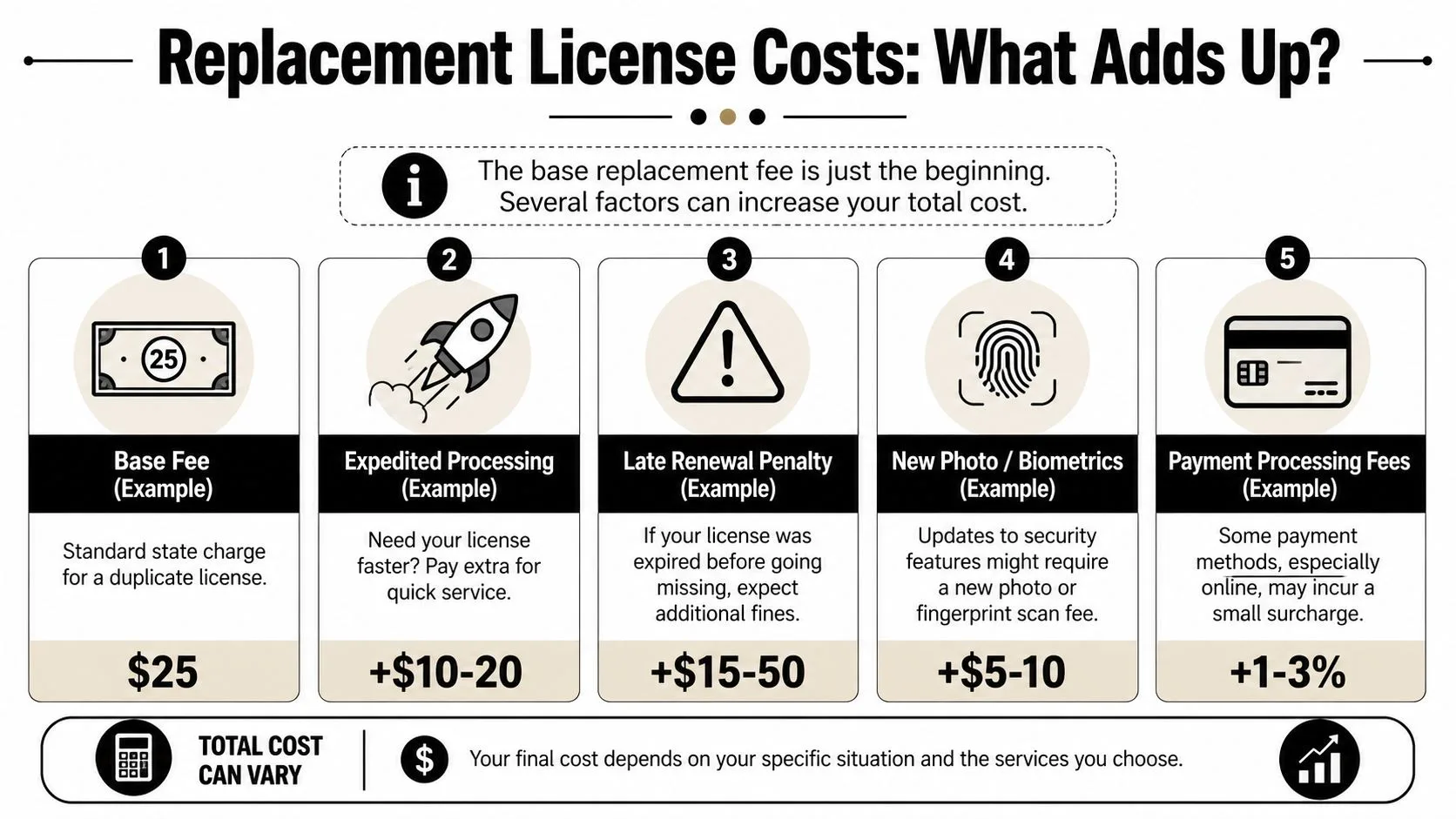 An infographic showing the various factors that influence the total cost of a replacement driving license.