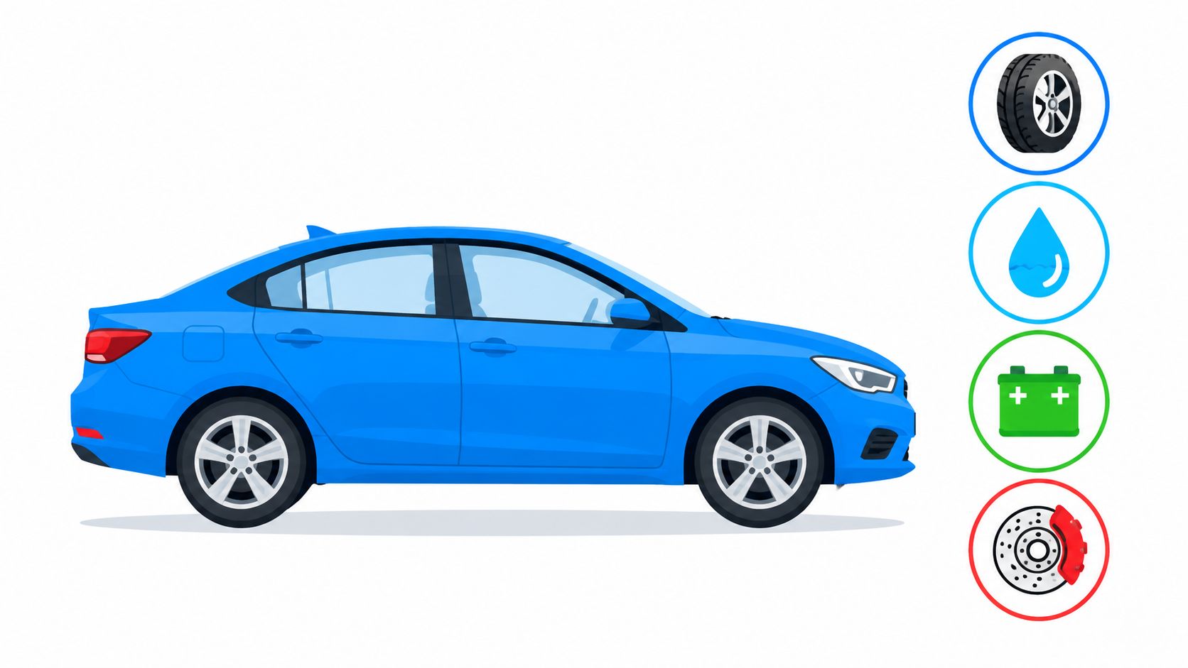 A blue sedan shown in profile with circular icons representing tire, water, battery, and brake maintenance services.