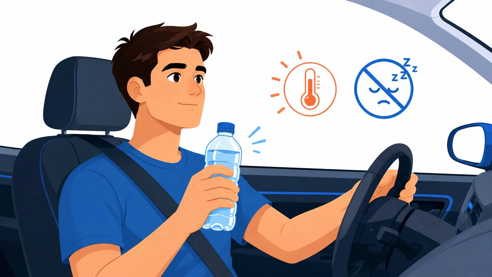 A man driving a car holding a water bottle with heat and no-sleep icons floating above.