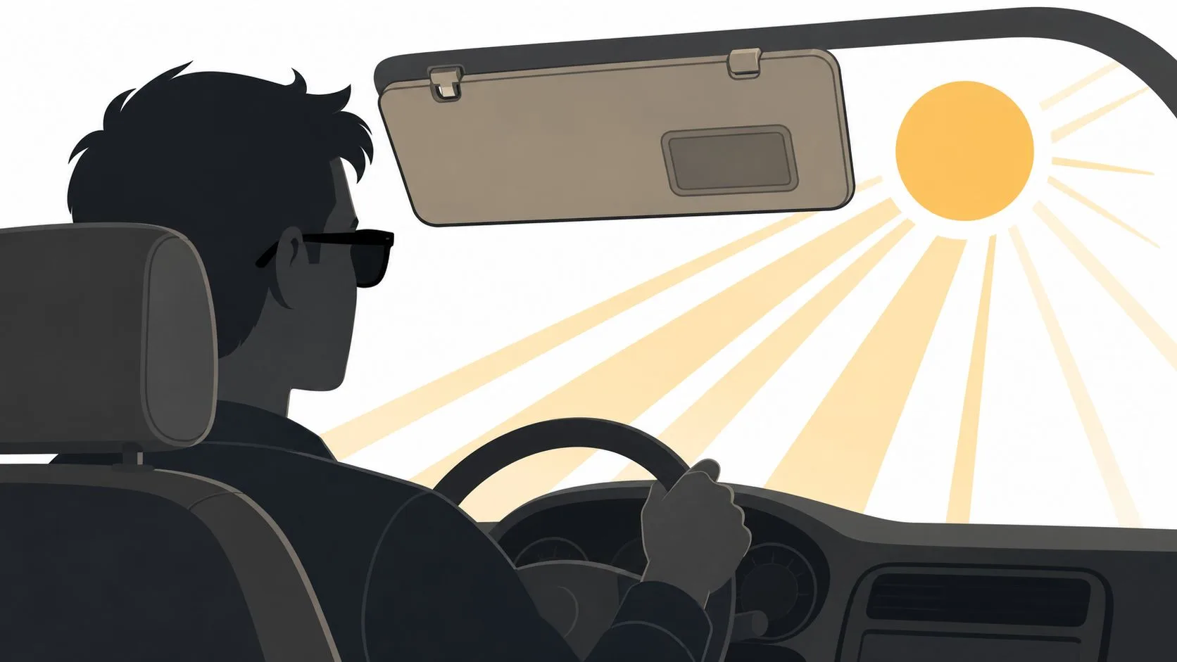 A person driving a car while wearing sunglasses to block the bright sunlight through the windshield.