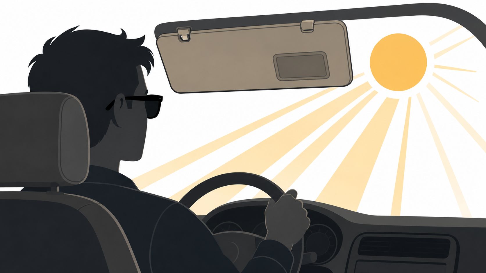 A person driving a car while wearing sunglasses to block the bright sunlight through the windshield.