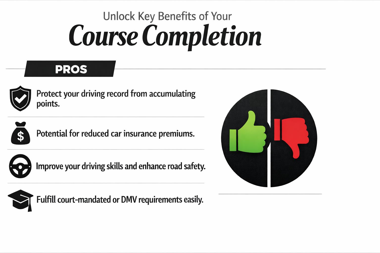 A graphic highlighting the benefits of completing a defensive driving course for insurance and record protection.