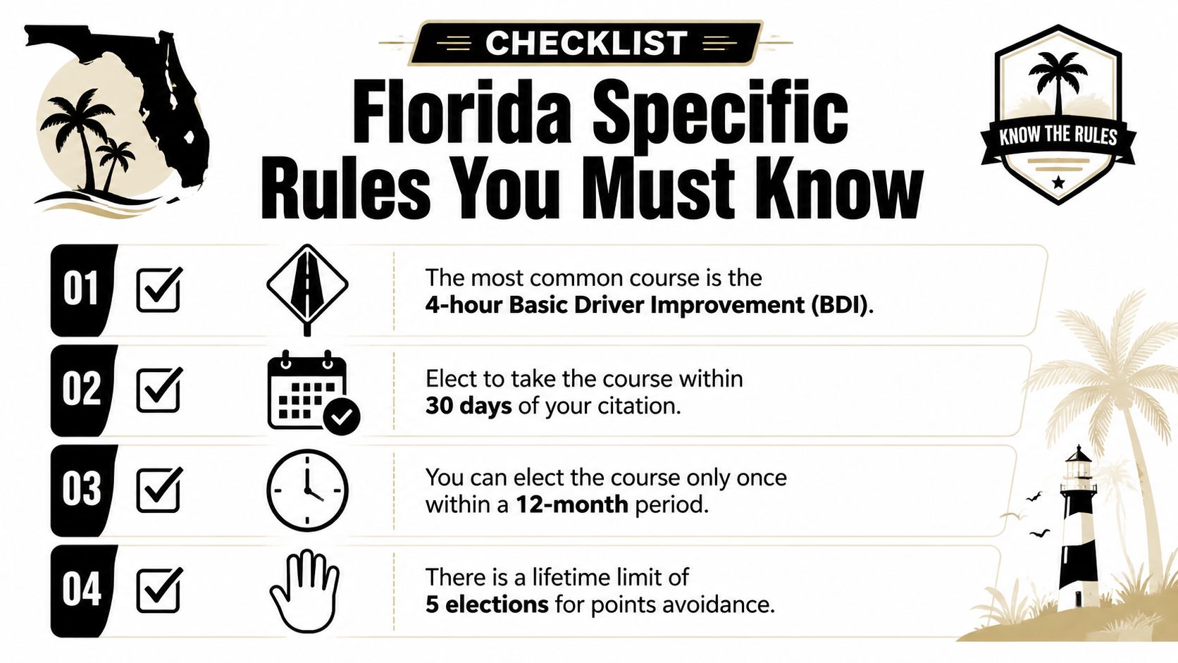A checklist infographic outlining Florida specific rules for taking a basic driver improvement course for points avoidance.